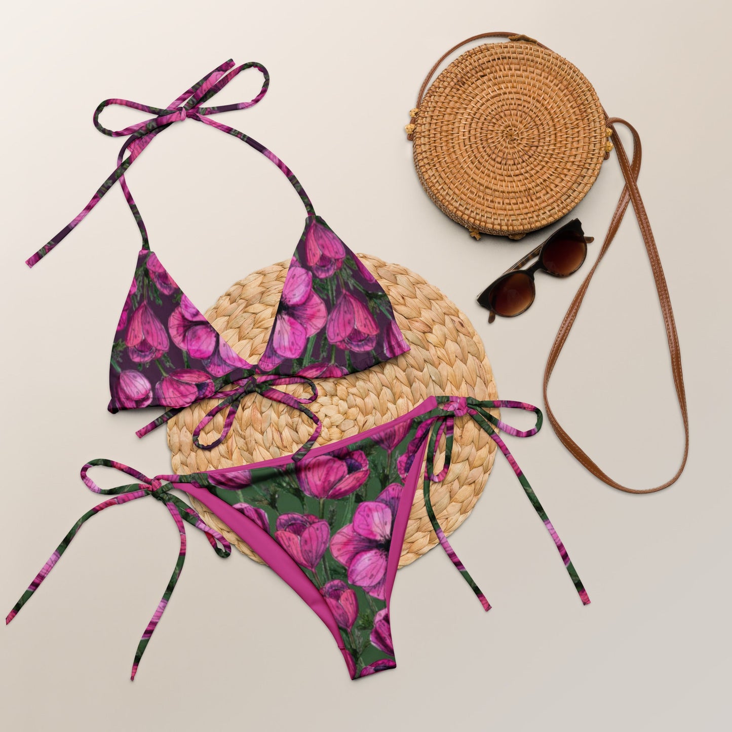 All - over print recycled string bikini, Green Pink Swimwear, Floral bathing suits, Swimming Suits. Women's Swimwear - PratSN