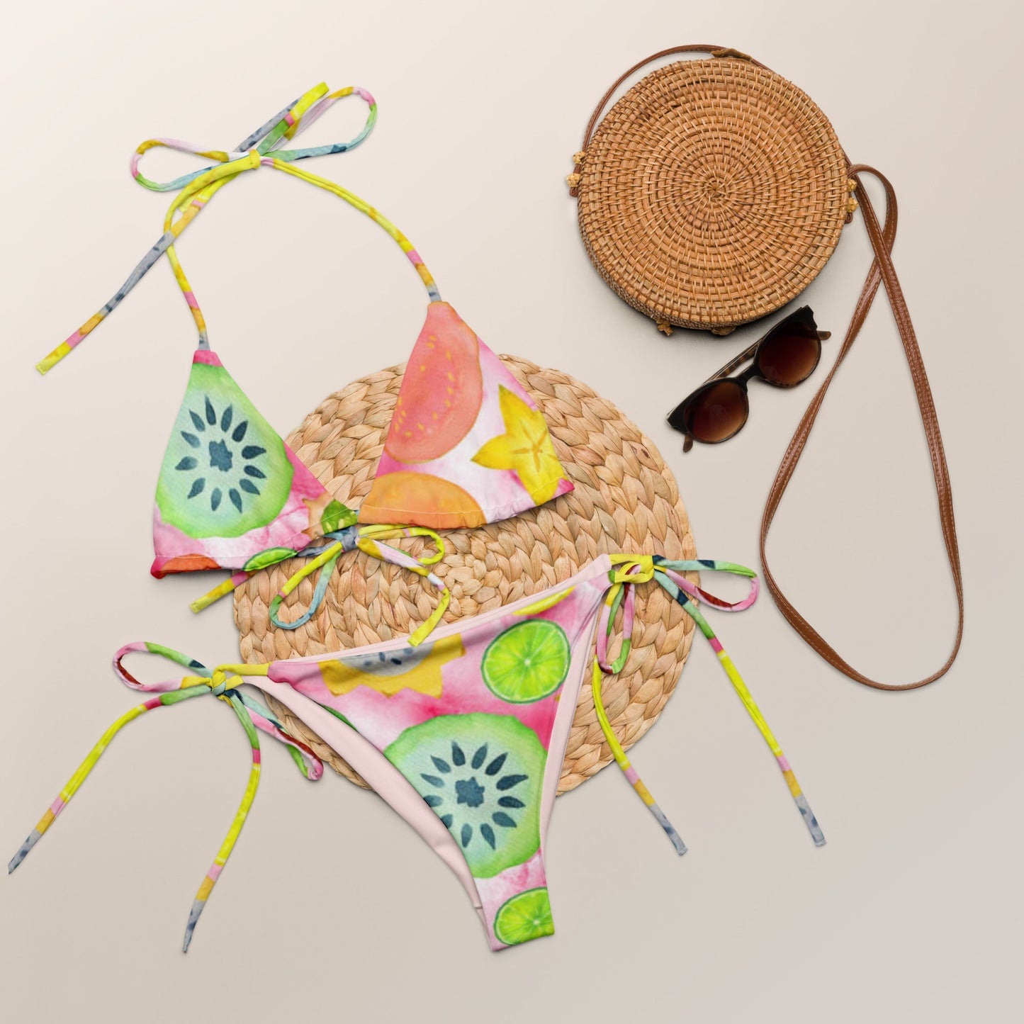 All - over print recycled string bikini, Kiwi pattern, fruit print bikini - PratSN