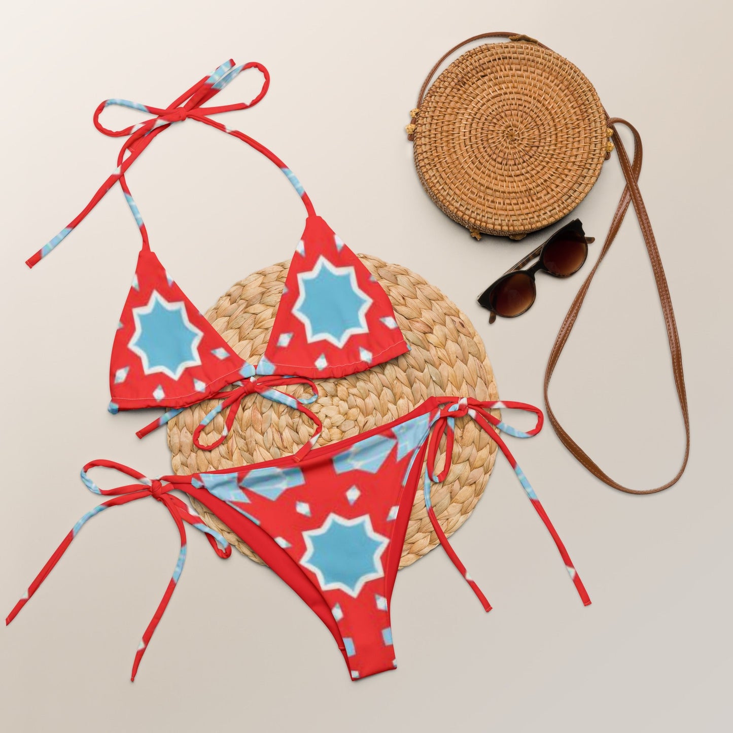 All - over print recycled string bikini, Red tankinis, Swimsuit, Beachwear, Bathing Suit - PratSN