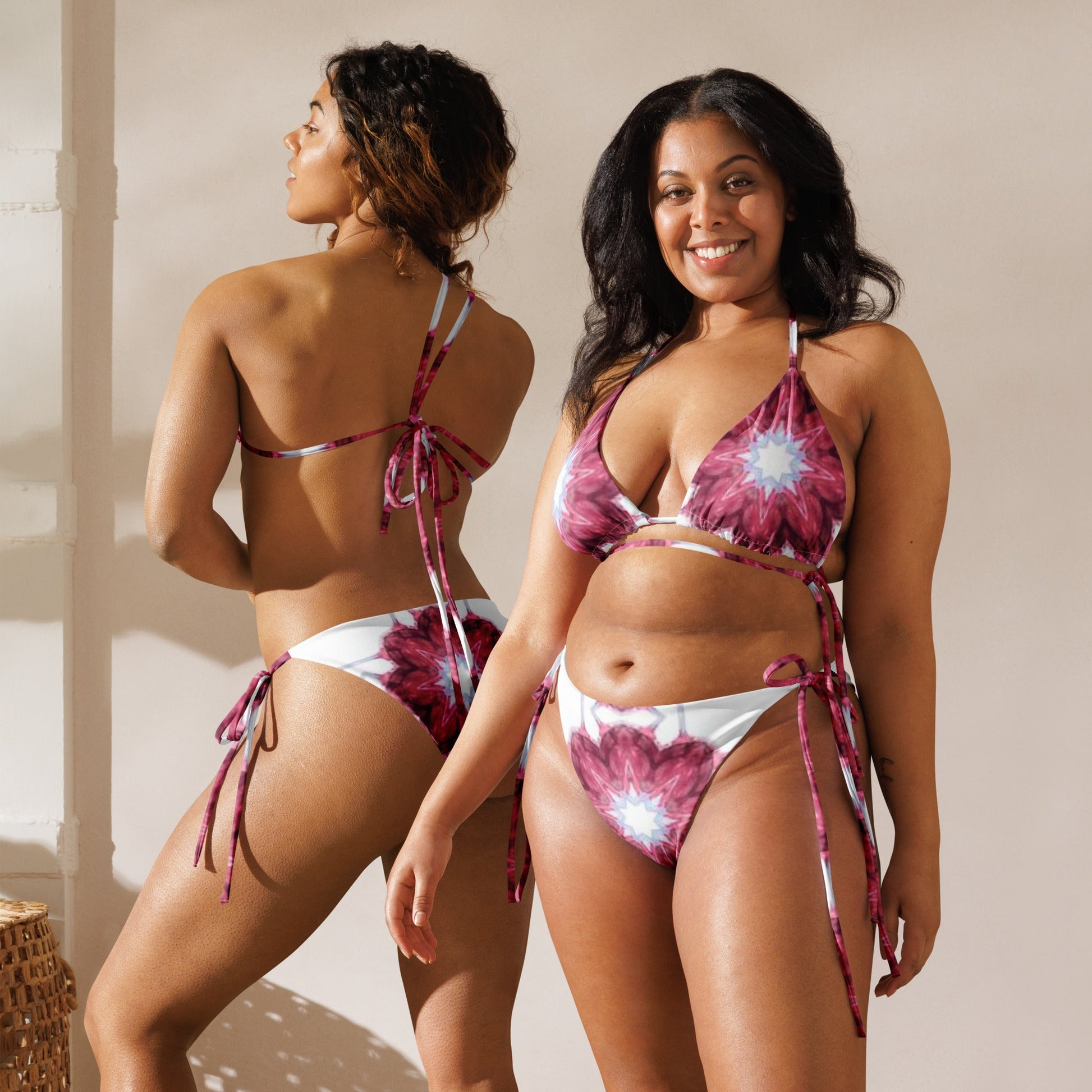 All - over print recycled string bikini, White and Pink Floral Bikini, Cute Summer Bikini - PratSN