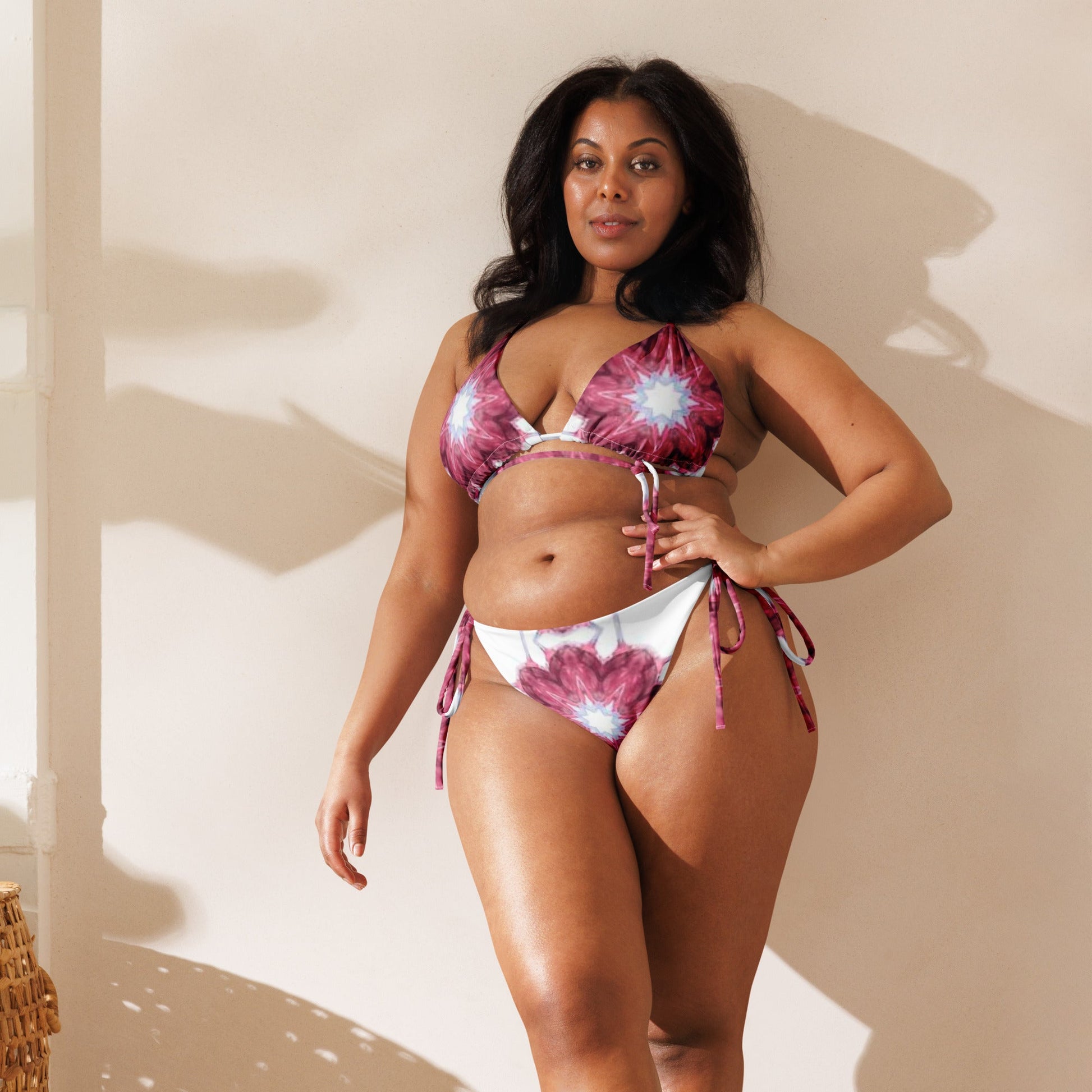 All - over print recycled string bikini, White and Pink Floral Bikini, Cute Summer Bikini - PratSN