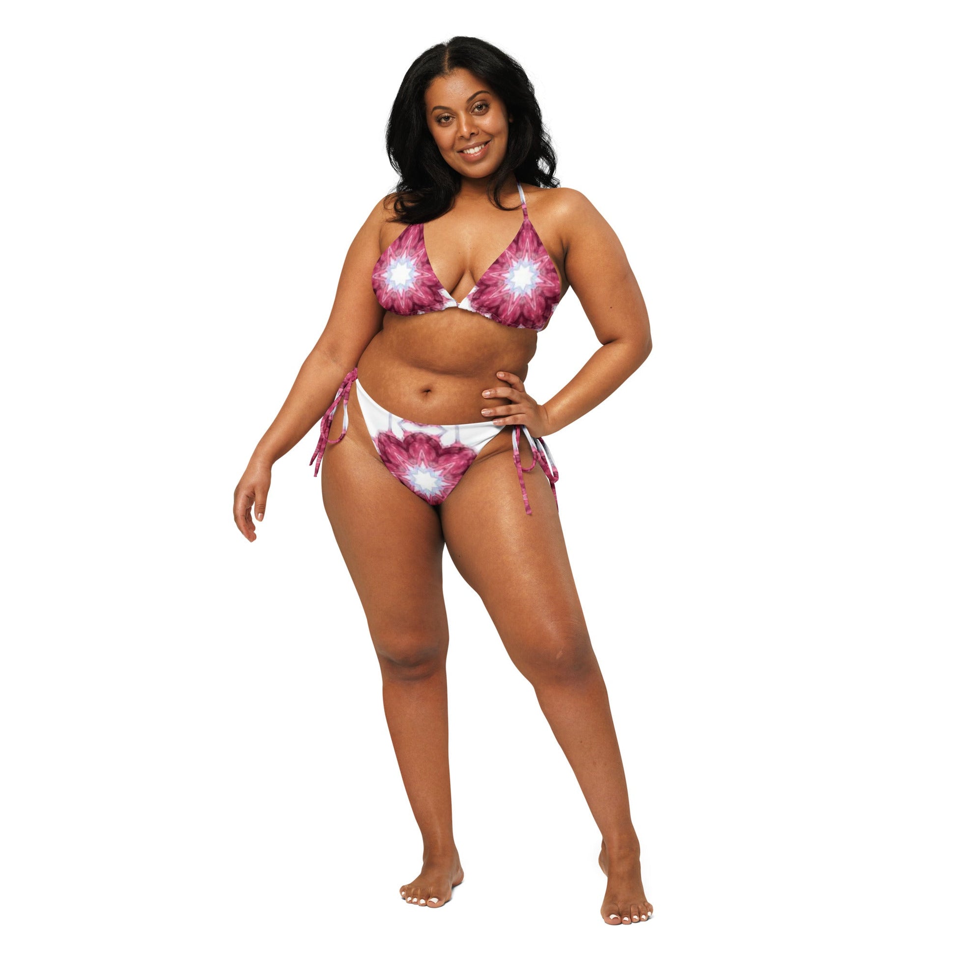 All - over print recycled string bikini, White and Pink Floral Bikini, Cute Summer Bikini - PratSN