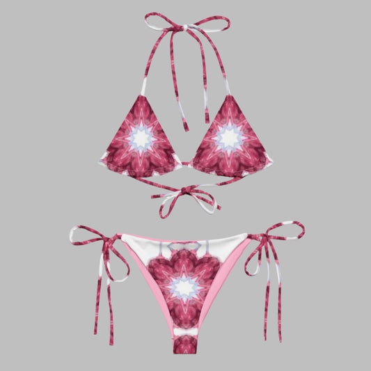 All - over print recycled string bikini, White and Pink Floral Bikini, Cute Summer Bikini - PratSN