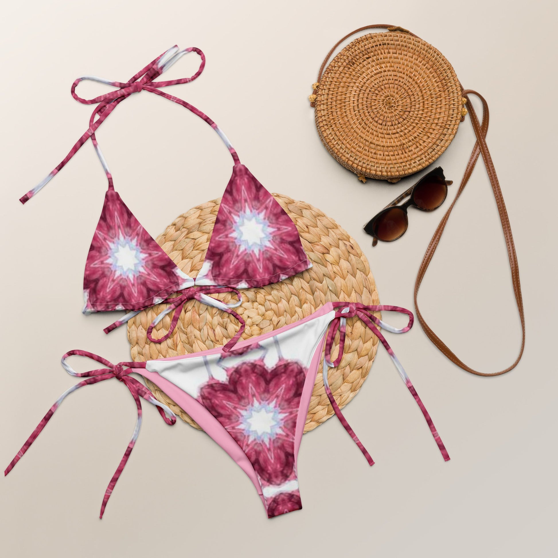 All - over print recycled string bikini, White and Pink Floral Bikini, Cute Summer Bikini - PratSN