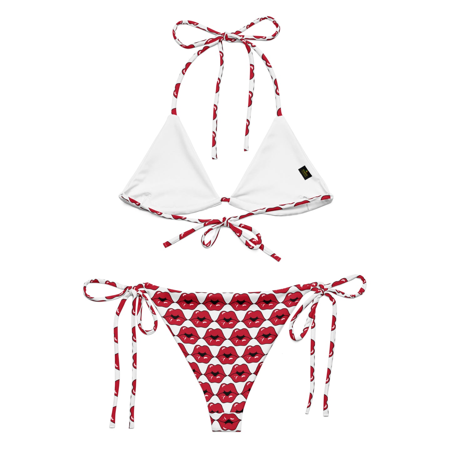 All-over print recycled string bikini, Red Lips Pattern outfit, bathing suits, Swimming Suits. Women's Swimwear