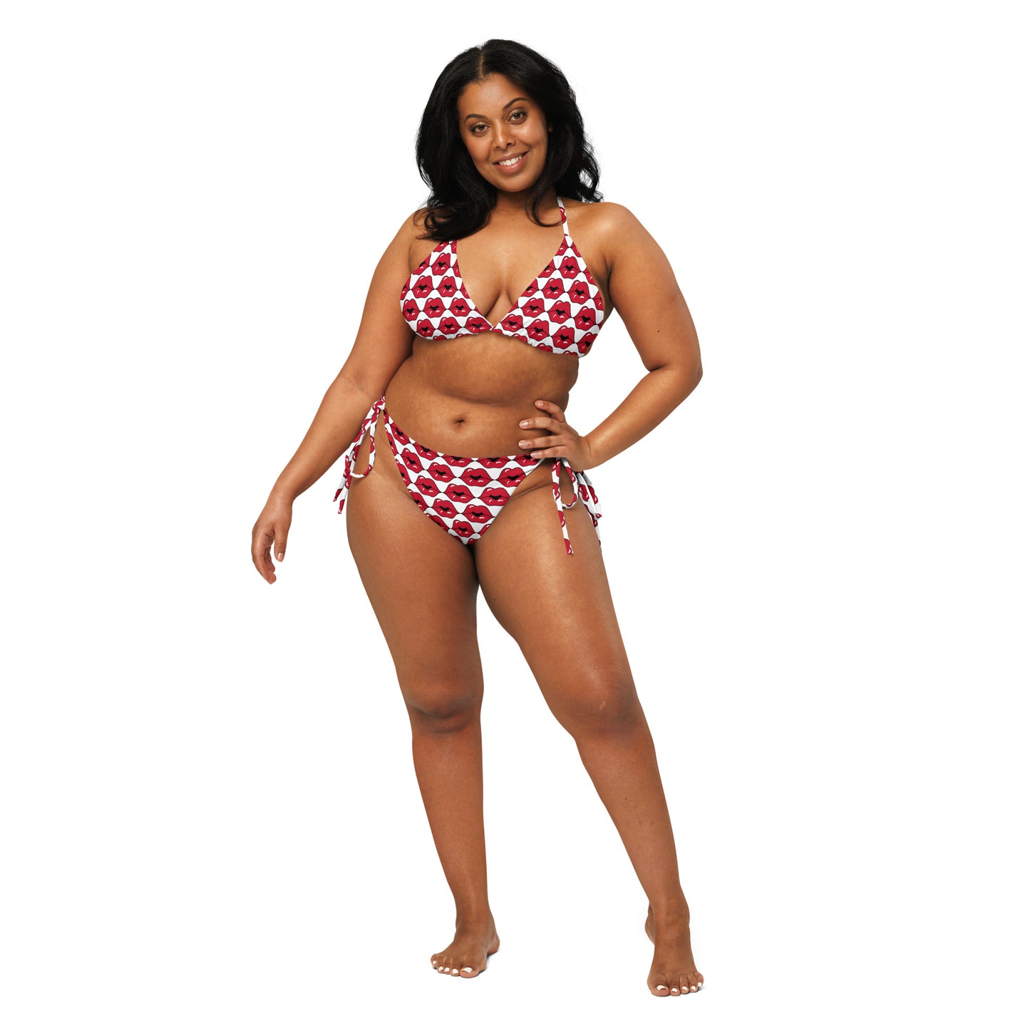 All-over print recycled string bikini, Red Lips Pattern outfit, bathing suits, Swimming Suits. Women's Swimwear