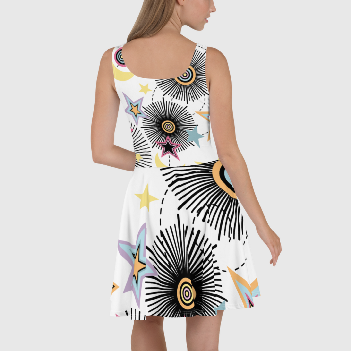 Women's skater dress, White, black and amber dress, Multicolor skater dress, Geometric pattern skater dress, skater dress for summer and spring