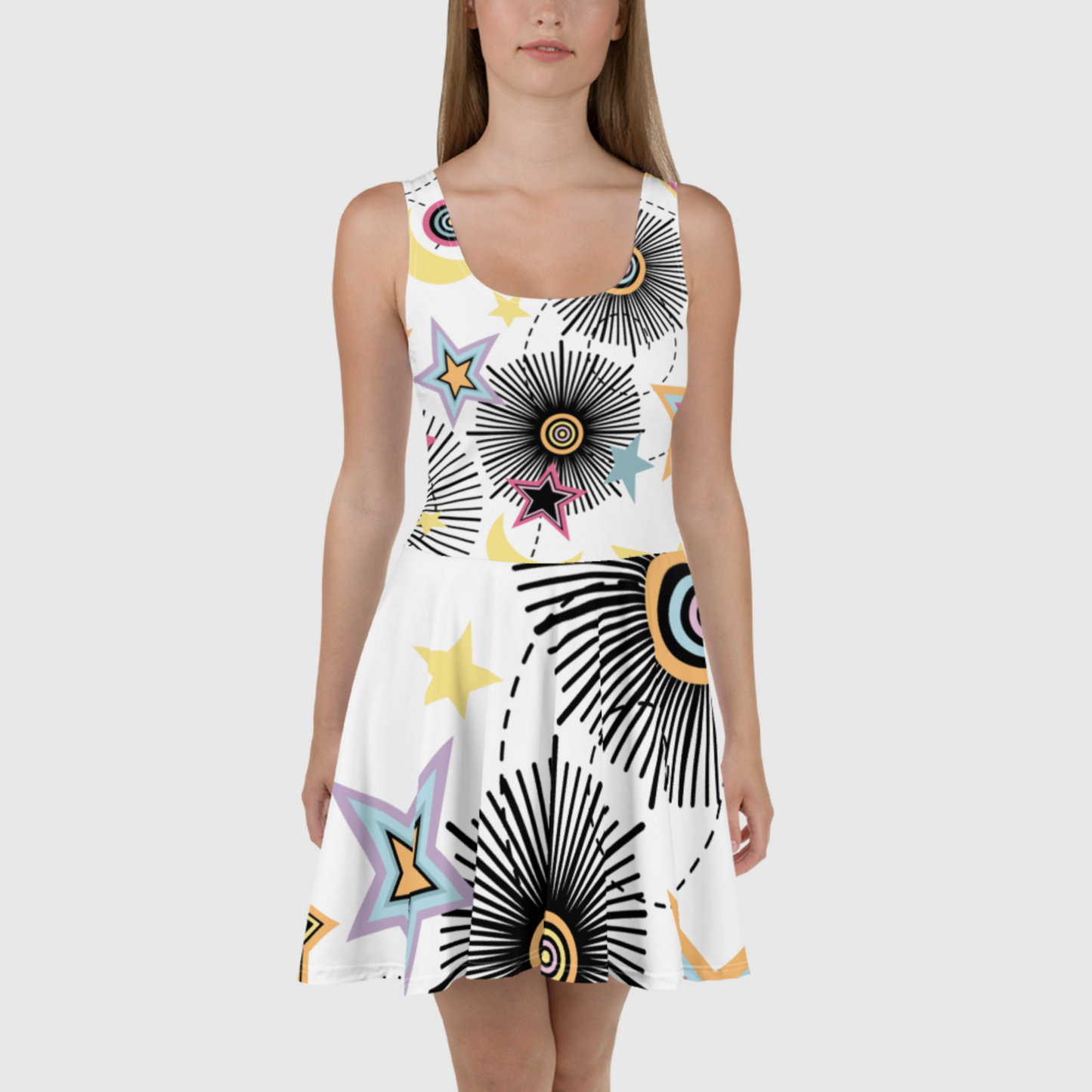 Women's skater dress, White, black and amber dress, Multicolor skater dress, Geometric pattern skater dress, skater dress for summer and spring