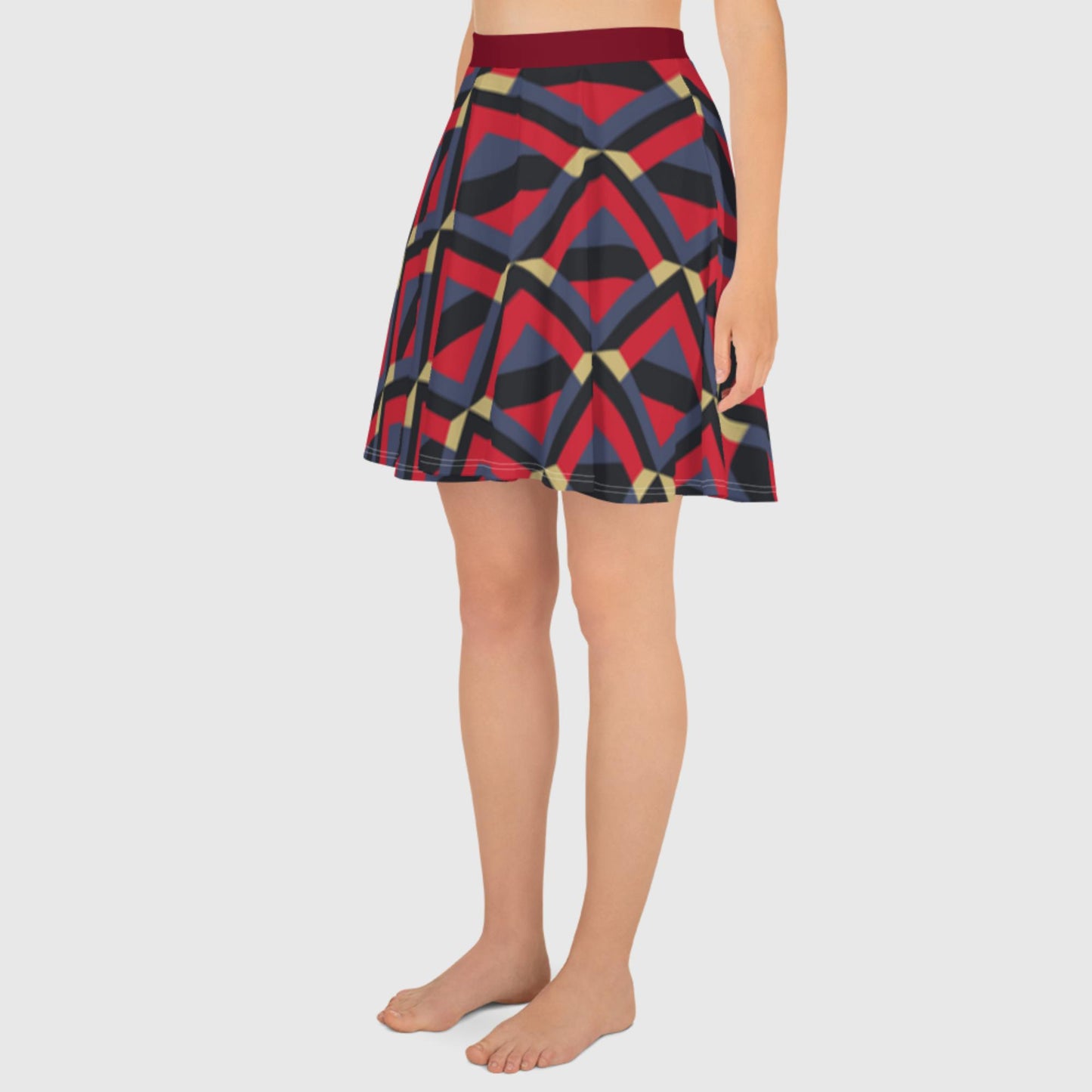 Women's skater skirt, red gray and amber skirt, multicolor skirt, Geometric pattern skater dress, skater skirt for summer and spring