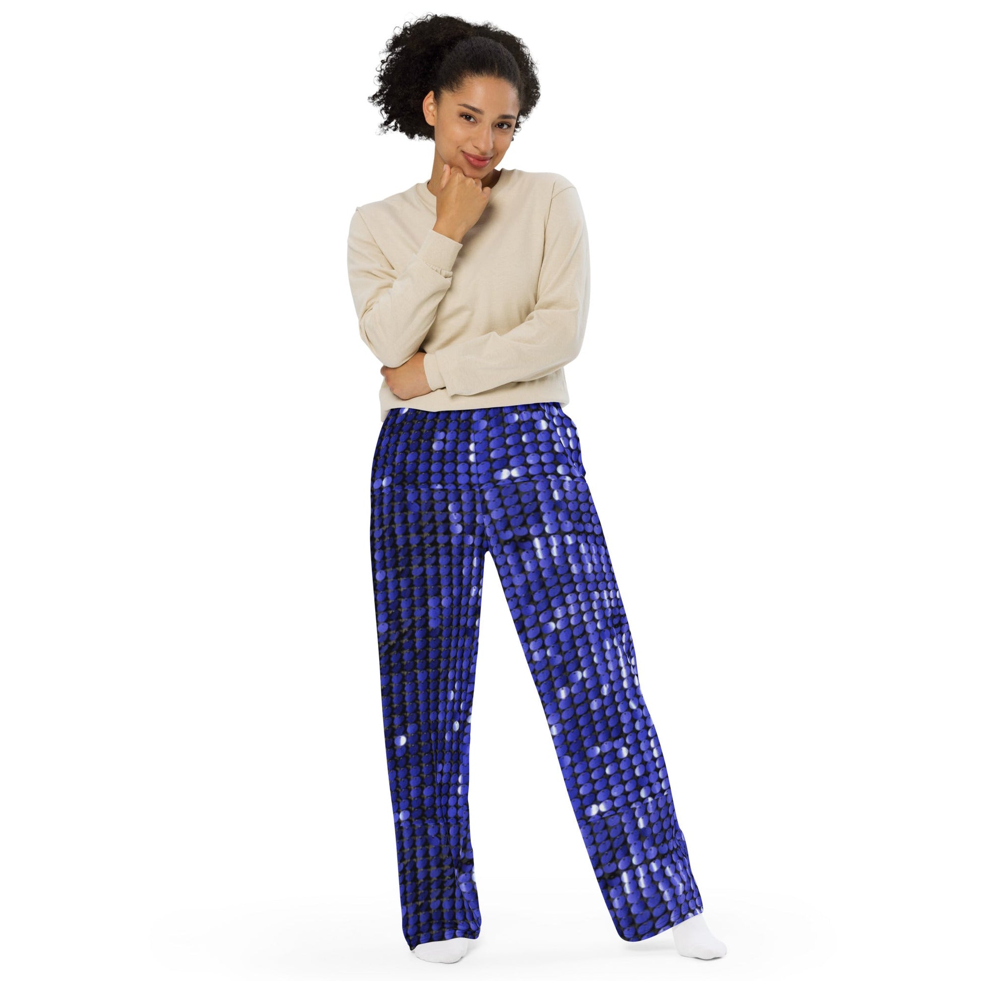 All - over print unisex wide - leg pants, Blue Rhinestone Print wide - leg pants, Comfortable wide - leg pants - PratSN