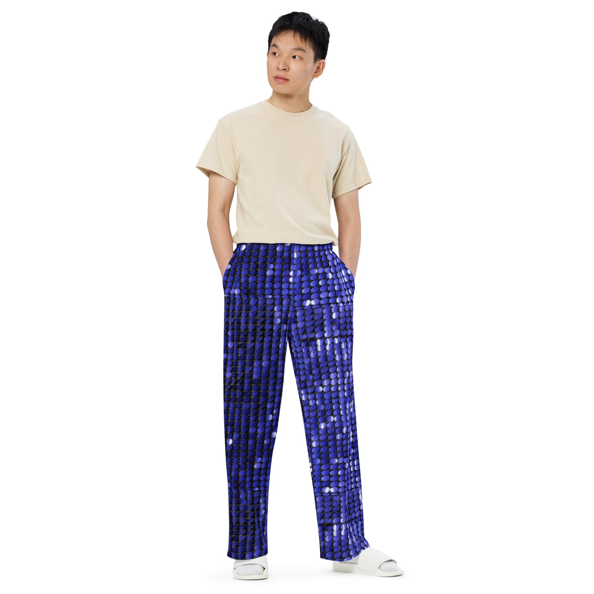 All - over print unisex wide - leg pants, Blue Rhinestone Print wide - leg pants, Comfortable wide - leg pants - PratSN