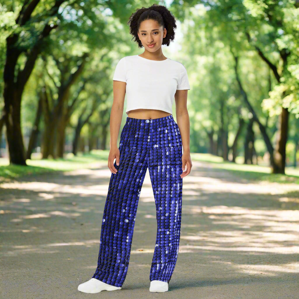 All - over print unisex wide - leg pants, Blue Rhinestone Print wide - leg pants, Comfortable wide - leg pants - PratSN