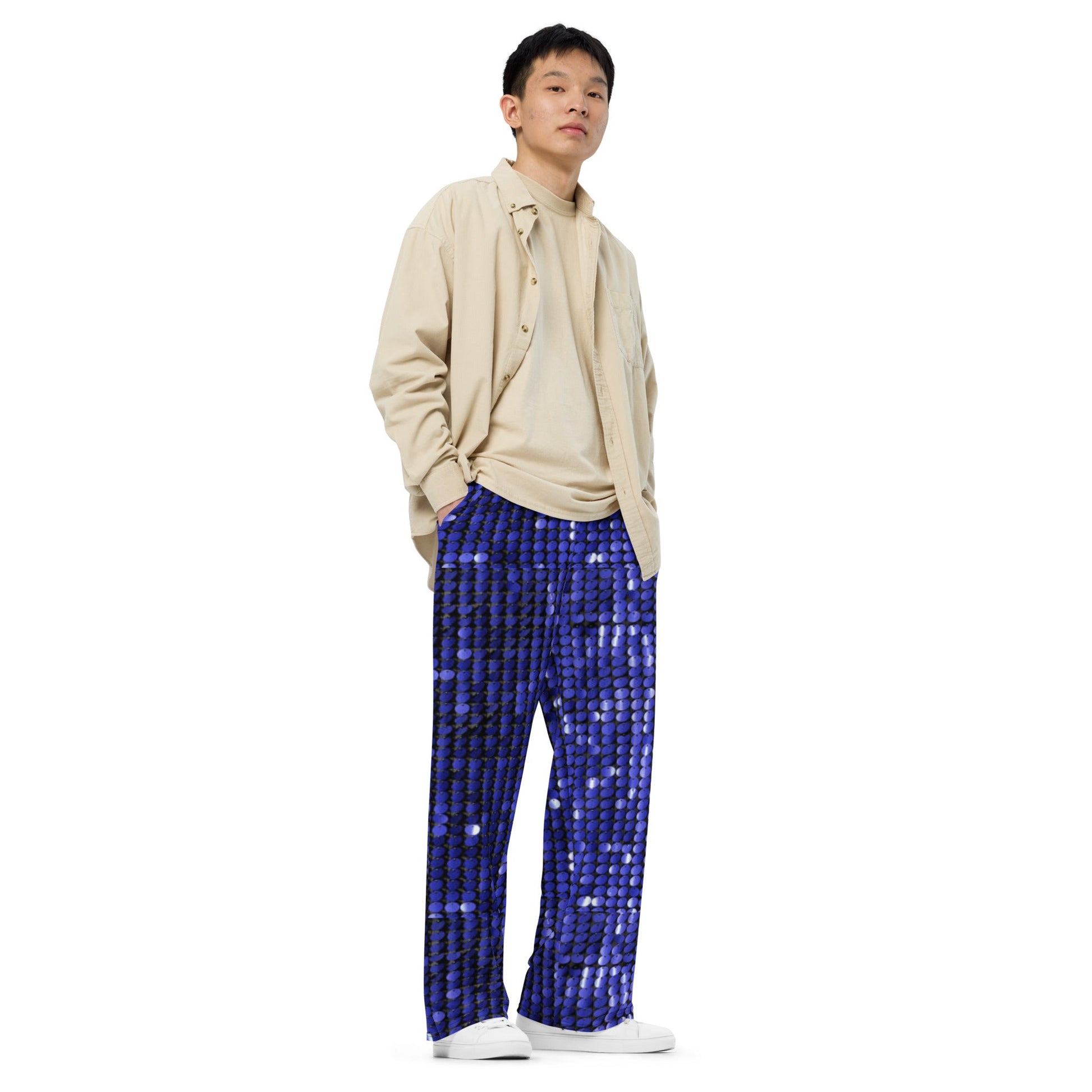 All - over print unisex wide - leg pants, Blue Rhinestone Print wide - leg pants, Comfortable wide - leg pants - PratSN