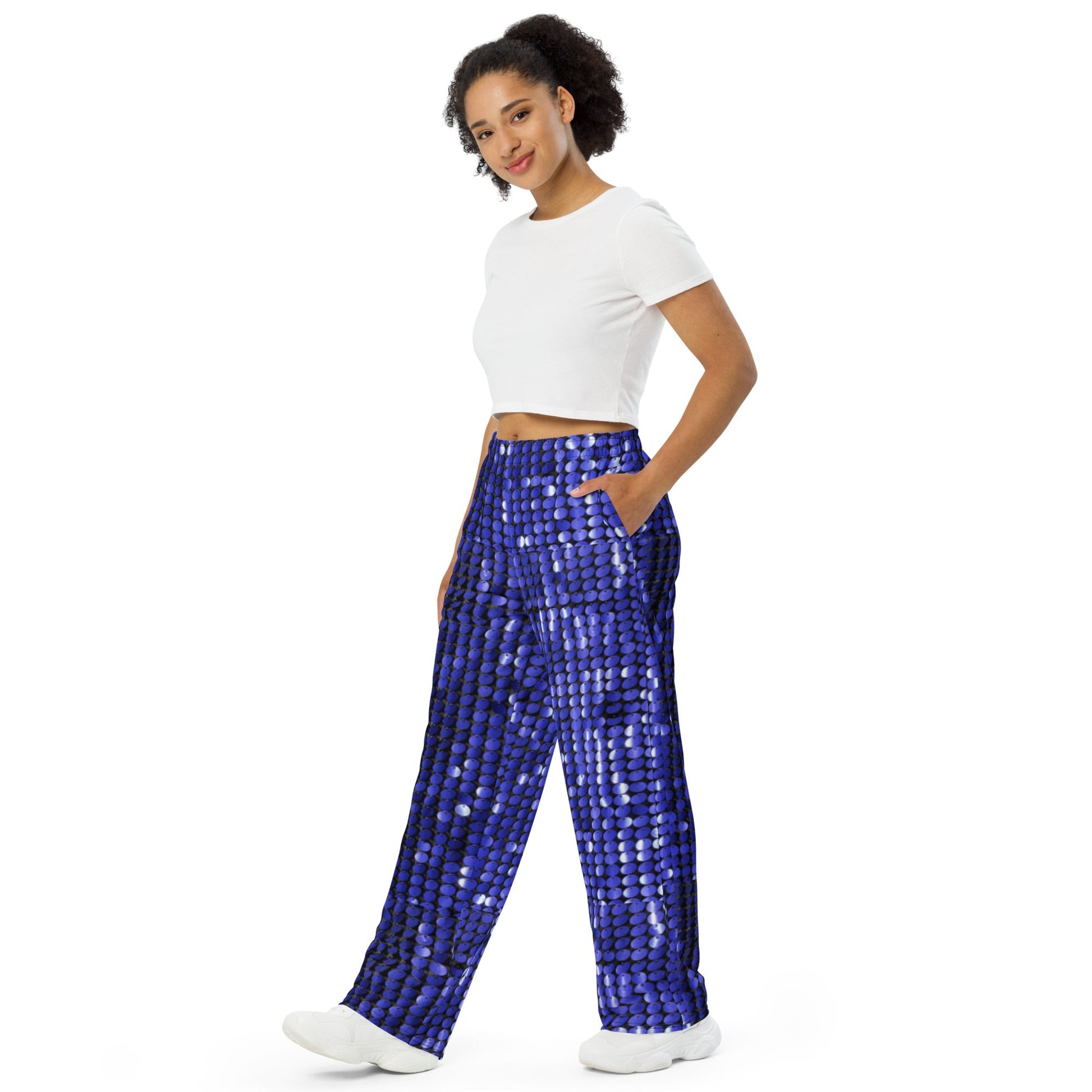 All - over print unisex wide - leg pants, Blue Rhinestone Print wide - leg pants, Comfortable wide - leg pants - PratSN