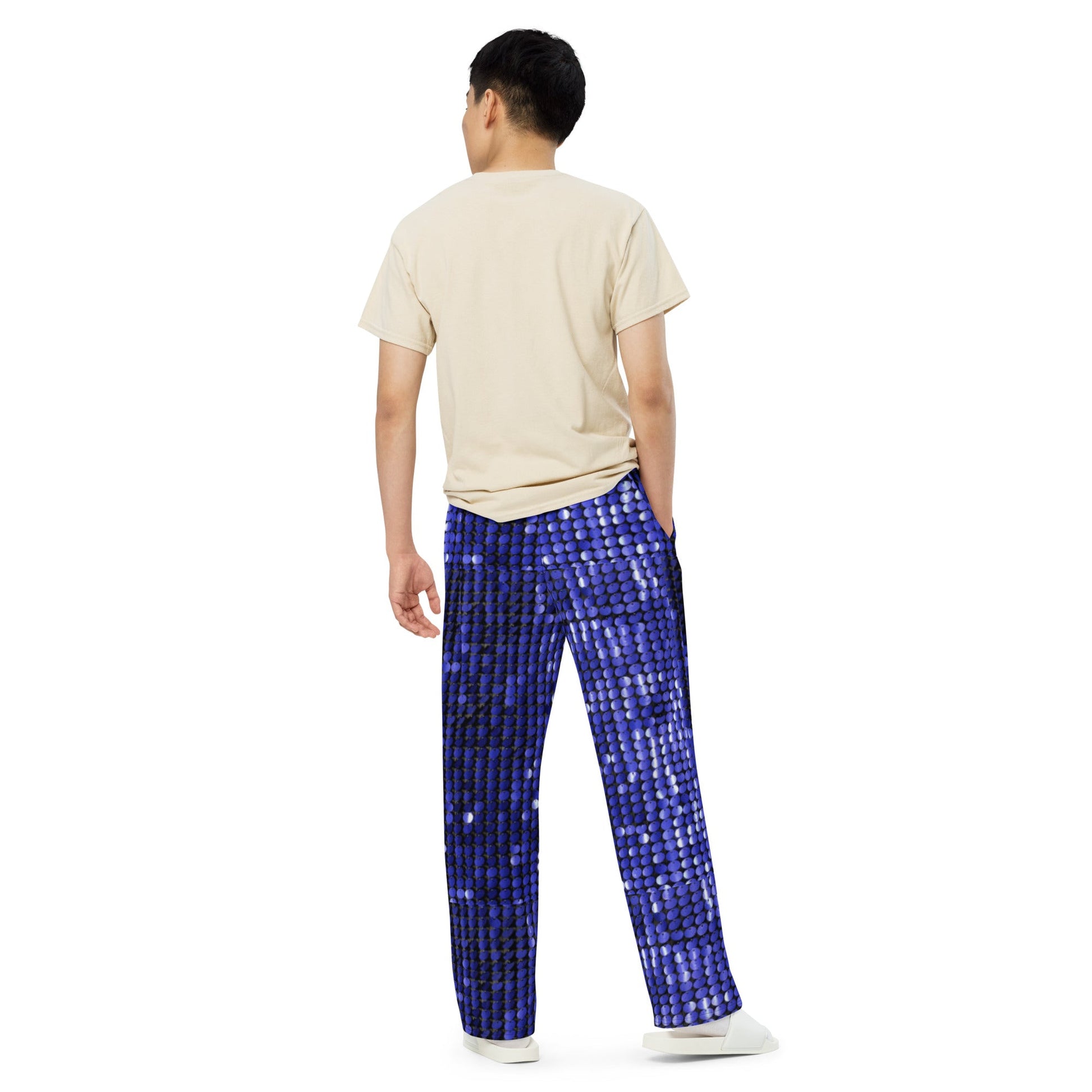All - over print unisex wide - leg pants, Blue Rhinestone Print wide - leg pants, Comfortable wide - leg pants - PratSN