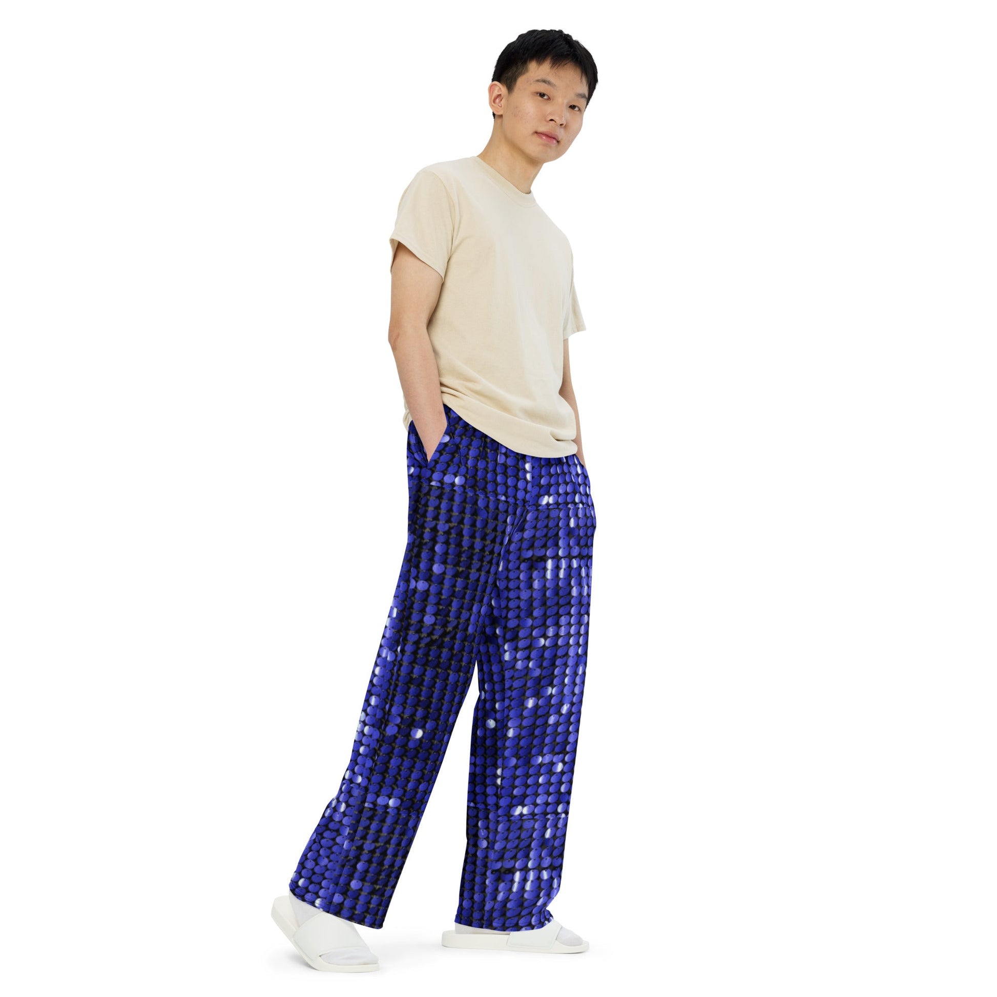All - over print unisex wide - leg pants, Blue Rhinestone Print wide - leg pants, Comfortable wide - leg pants - PratSN