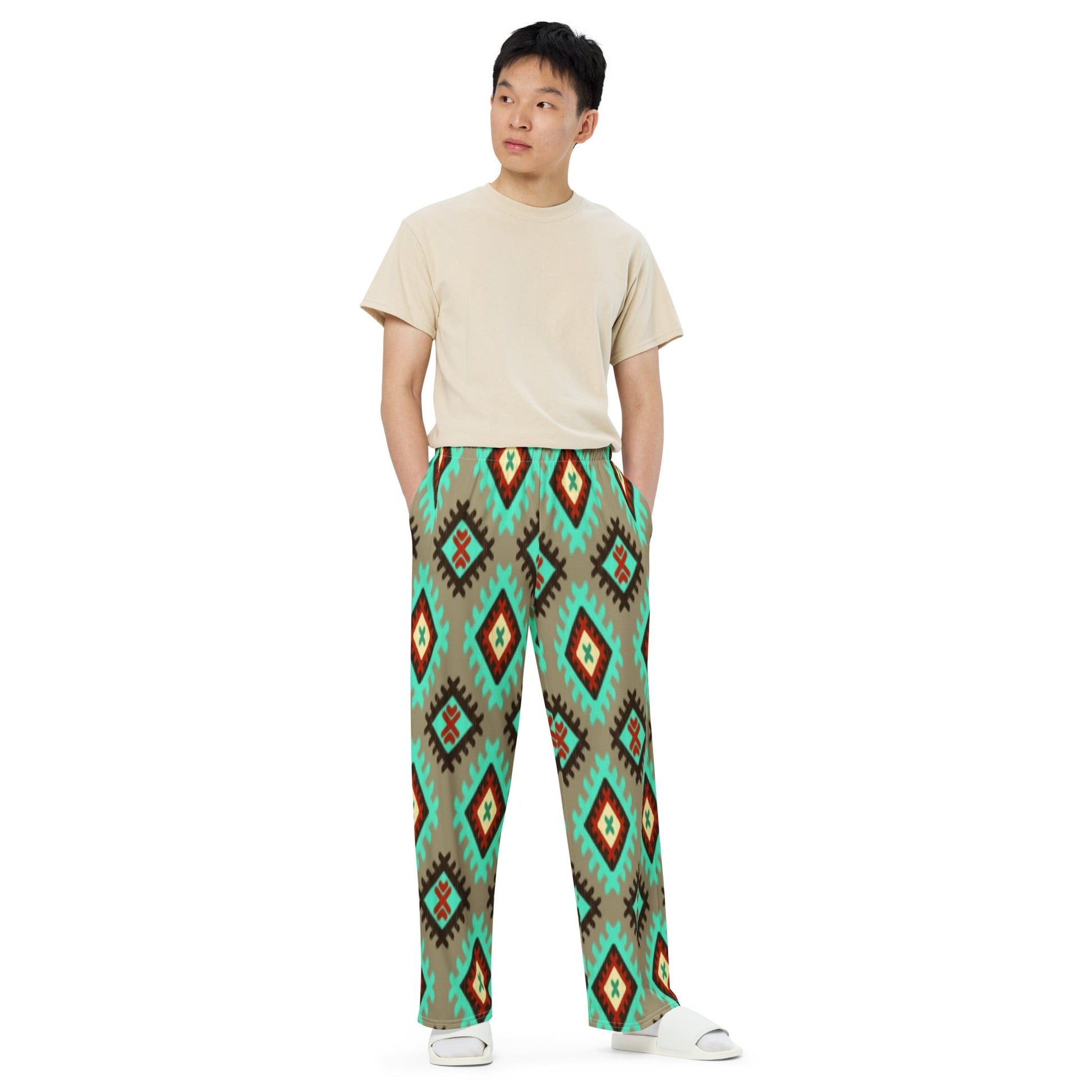 All - over print unisex wide - leg pants, Geometric pattern wide - leg pants Women's wide - leg pant, Comfortable - PratSN