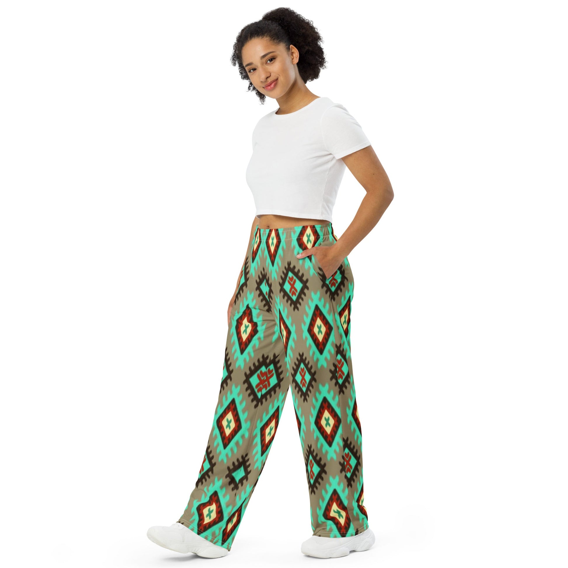 All - over print unisex wide - leg pants, Geometric pattern wide - leg pants Women's wide - leg pant, Comfortable - PratSN