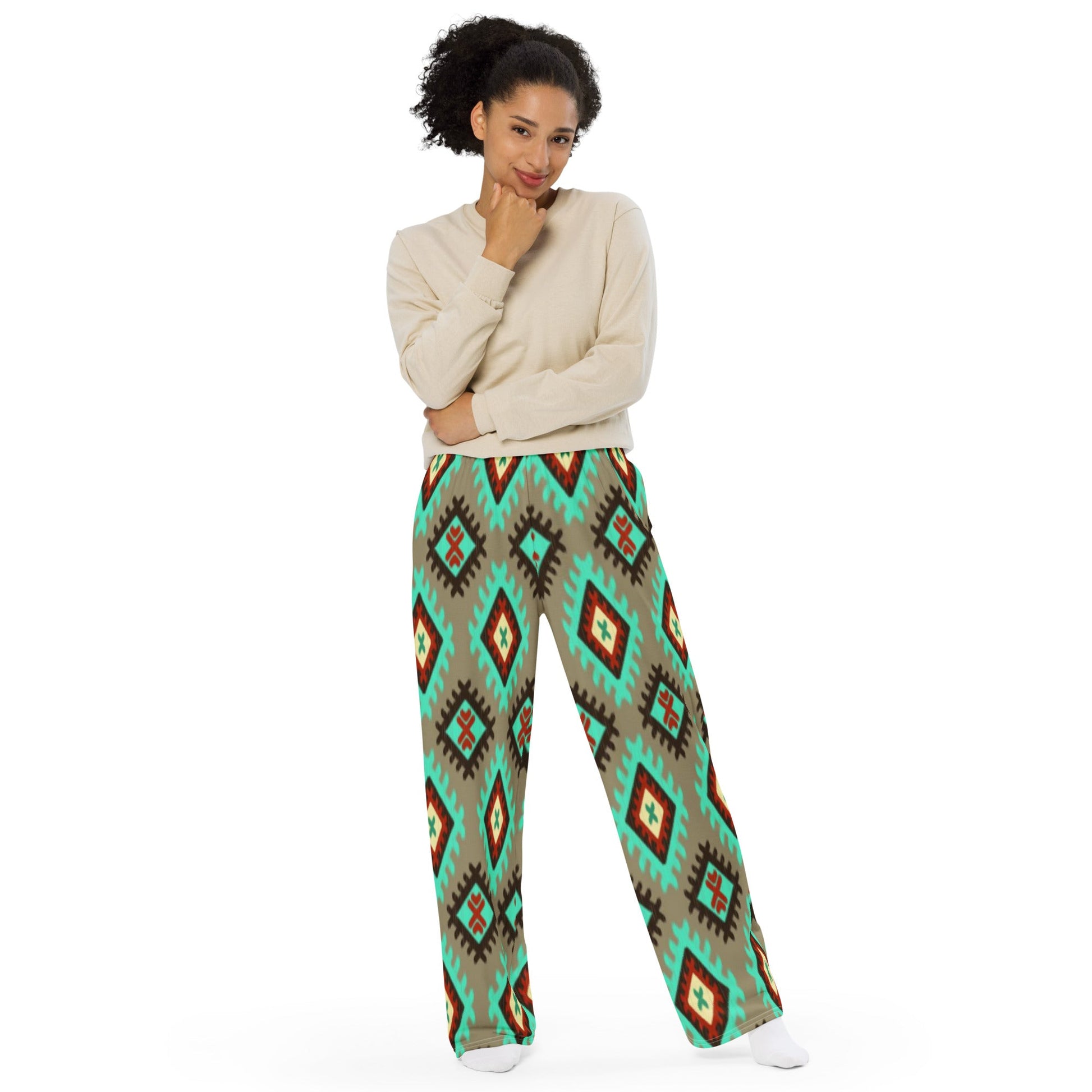 All - over print unisex wide - leg pants, Geometric pattern wide - leg pants Women's wide - leg pant, Comfortable - PratSN