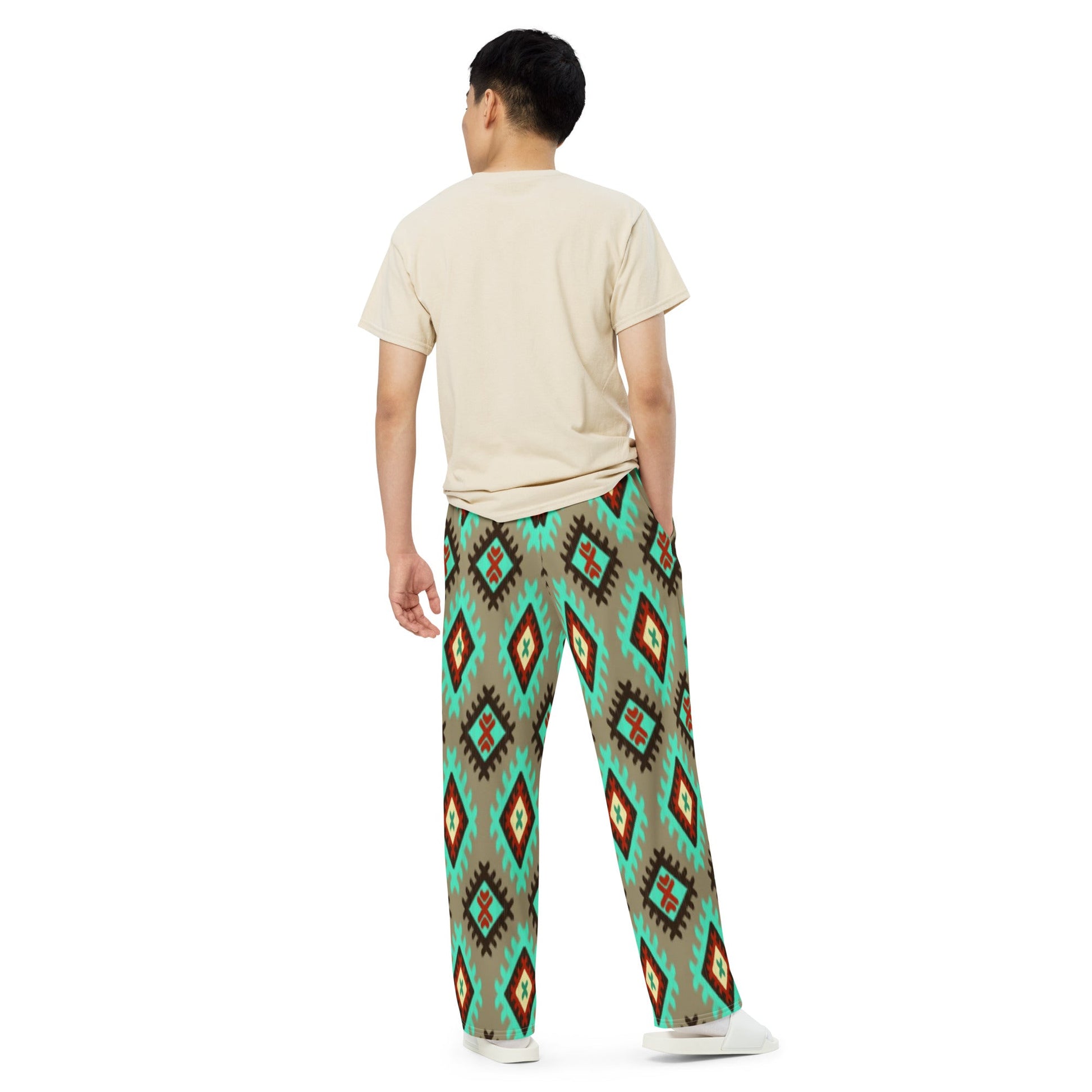 All - over print unisex wide - leg pants, Geometric pattern wide - leg pants Women's wide - leg pant, Comfortable - PratSN
