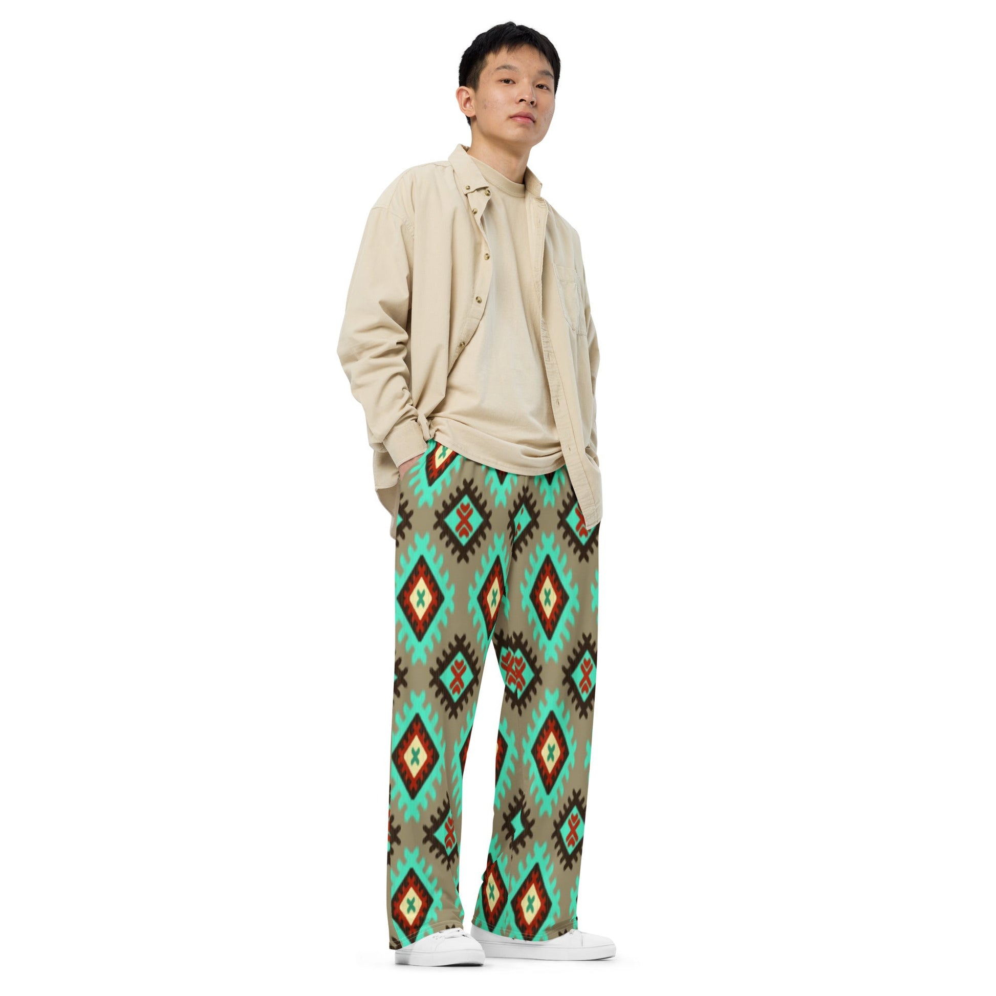 All - over print unisex wide - leg pants, Geometric pattern wide - leg pants Women's wide - leg pant, Comfortable - PratSN