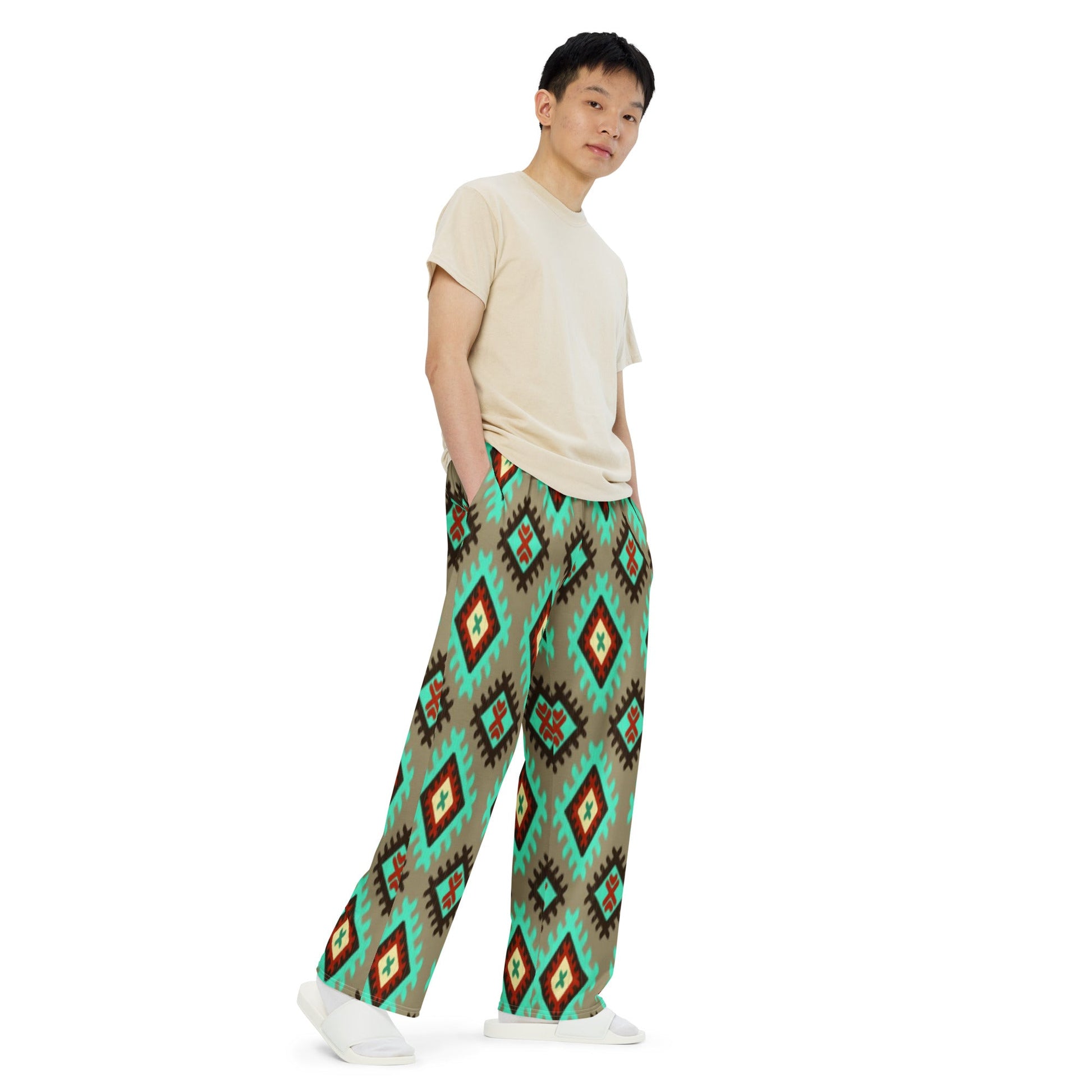 All - over print unisex wide - leg pants, Geometric pattern wide - leg pants Women's wide - leg pant, Comfortable - PratSN