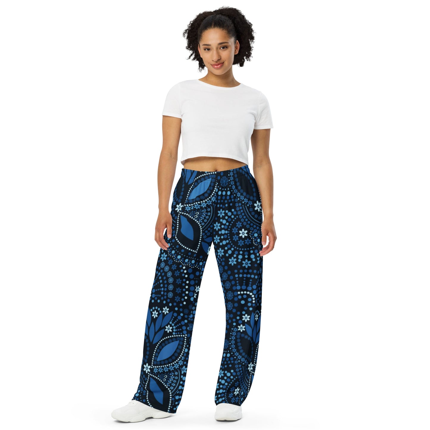 All - over print unisex wide - leg pants, Loose Fit Back Elastic Blue floral Front Trousers for Work Casual - PratSN