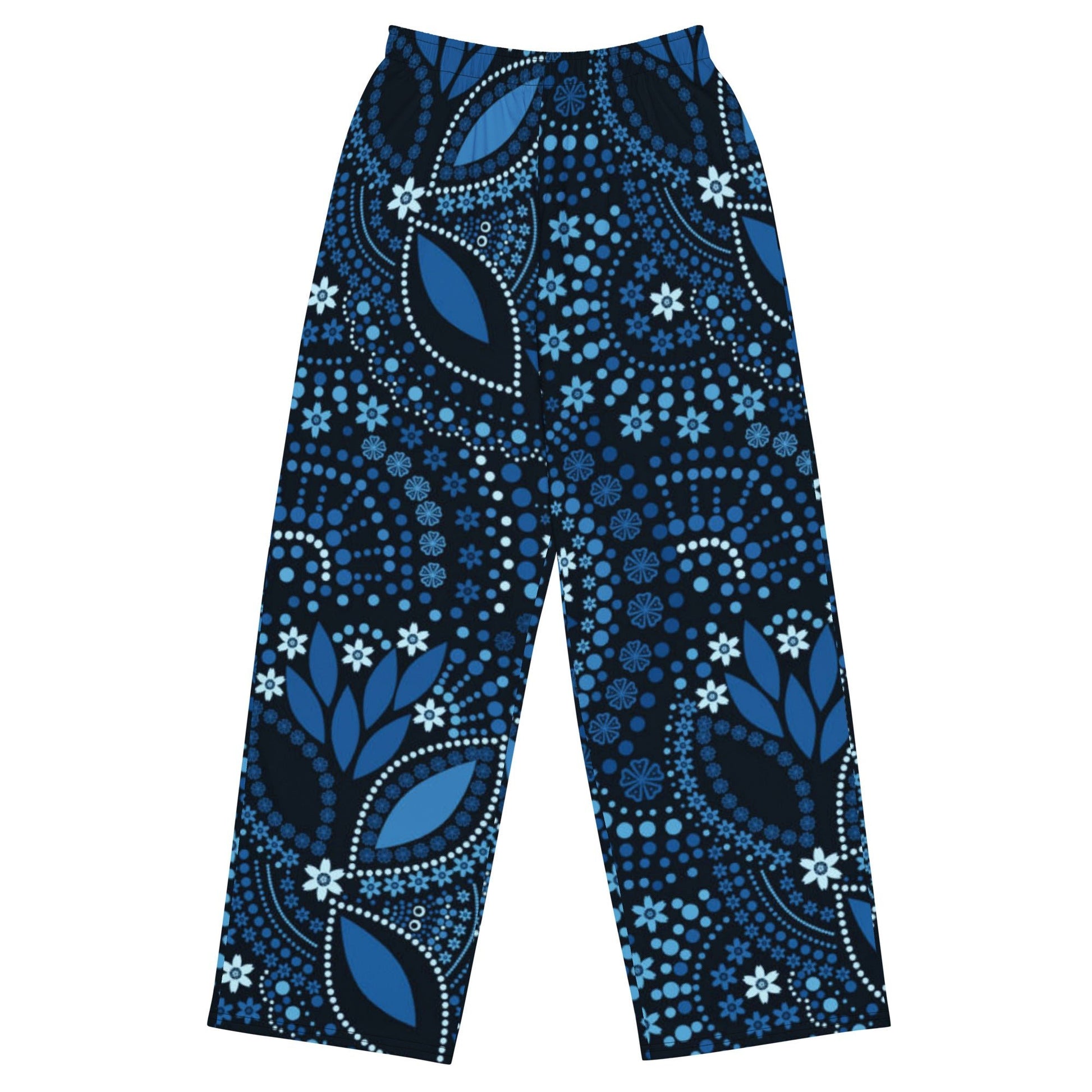 All - over print unisex wide - leg pants, Loose Fit Back Elastic Blue floral Front Trousers for Work Casual - PratSN