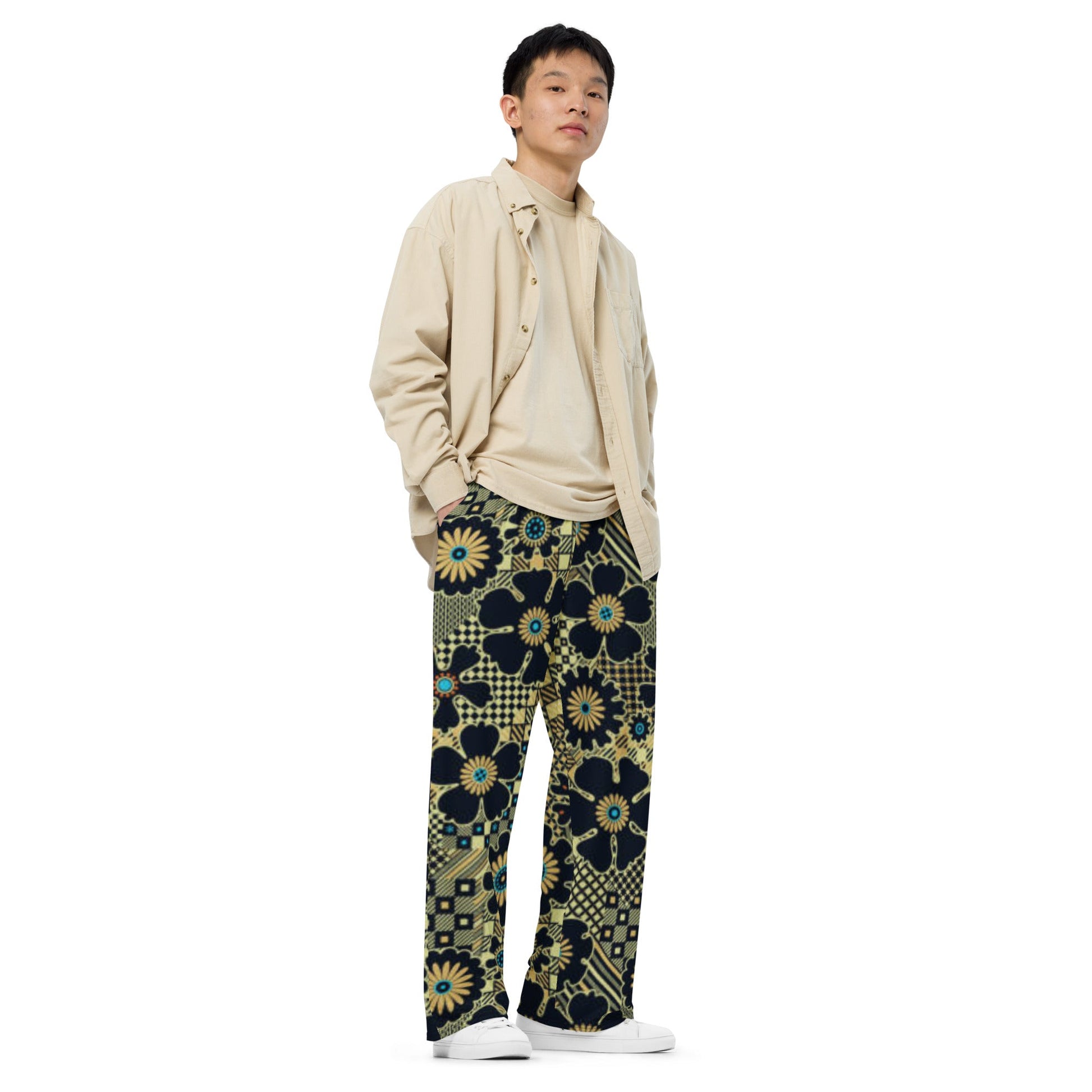 All - over print unisex wide - leg pants, Loose Fit Back Elastic Waist Trousers for Work Casual Black gold color black floral Palazzo - PratSN