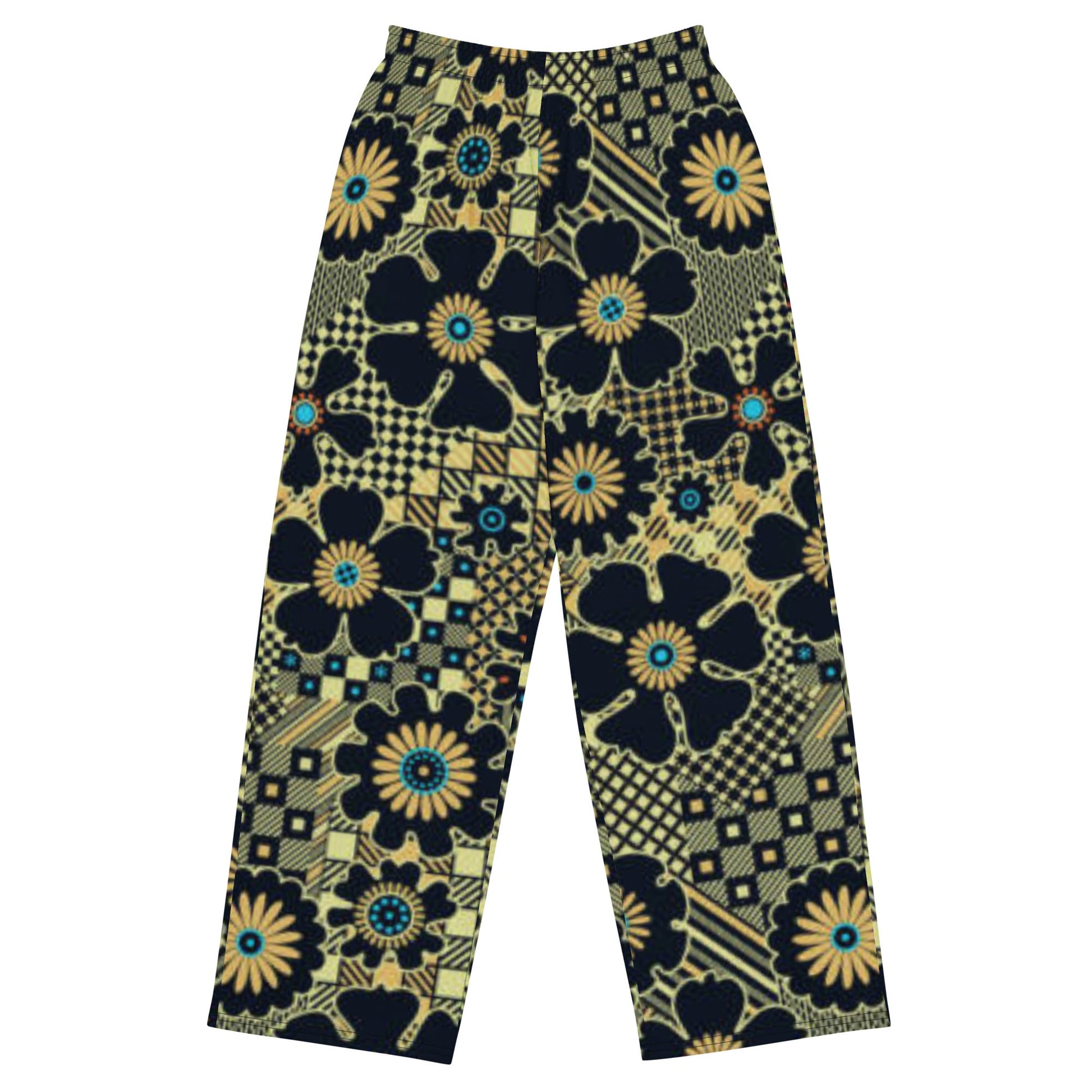 All - over print unisex wide - leg pants, Loose Fit Back Elastic Waist Trousers for Work Casual Black gold color black floral Palazzo - PratSN