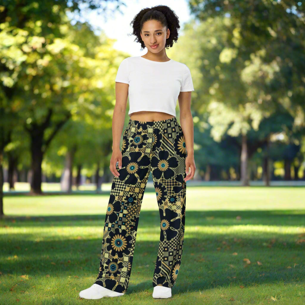All - over print unisex wide - leg pants, Loose Fit Back Elastic Waist Trousers for Work Casual Black gold color black floral Palazzo - PratSN
