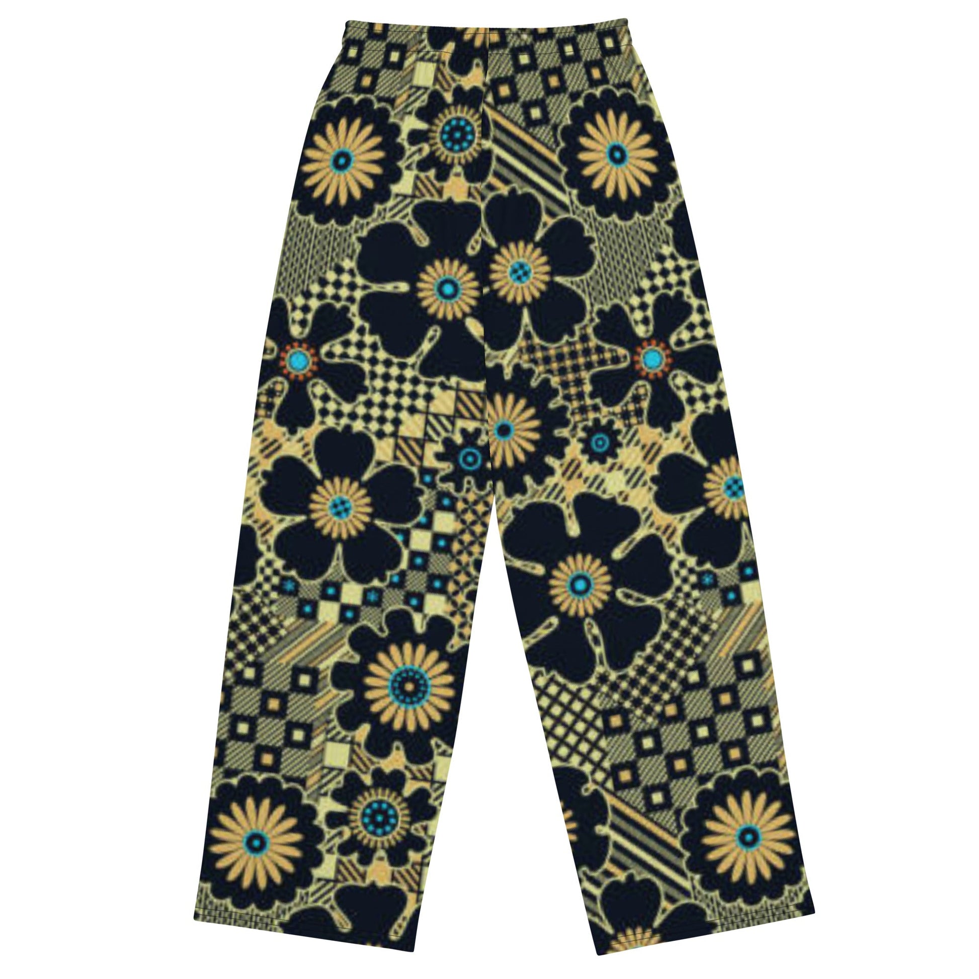 All - over print unisex wide - leg pants, Loose Fit Back Elastic Waist Trousers for Work Casual Black gold color black floral Palazzo - PratSN