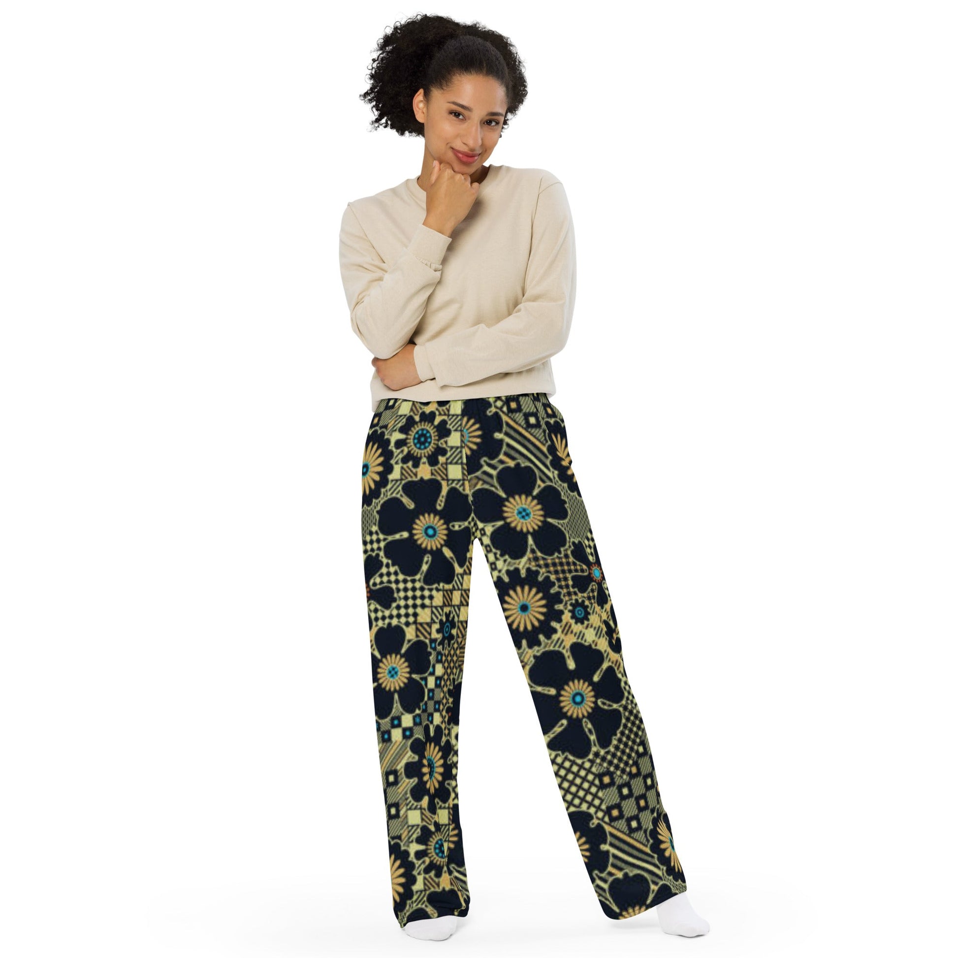 All - over print unisex wide - leg pants, Loose Fit Back Elastic Waist Trousers for Work Casual Black gold color black floral Palazzo - PratSN