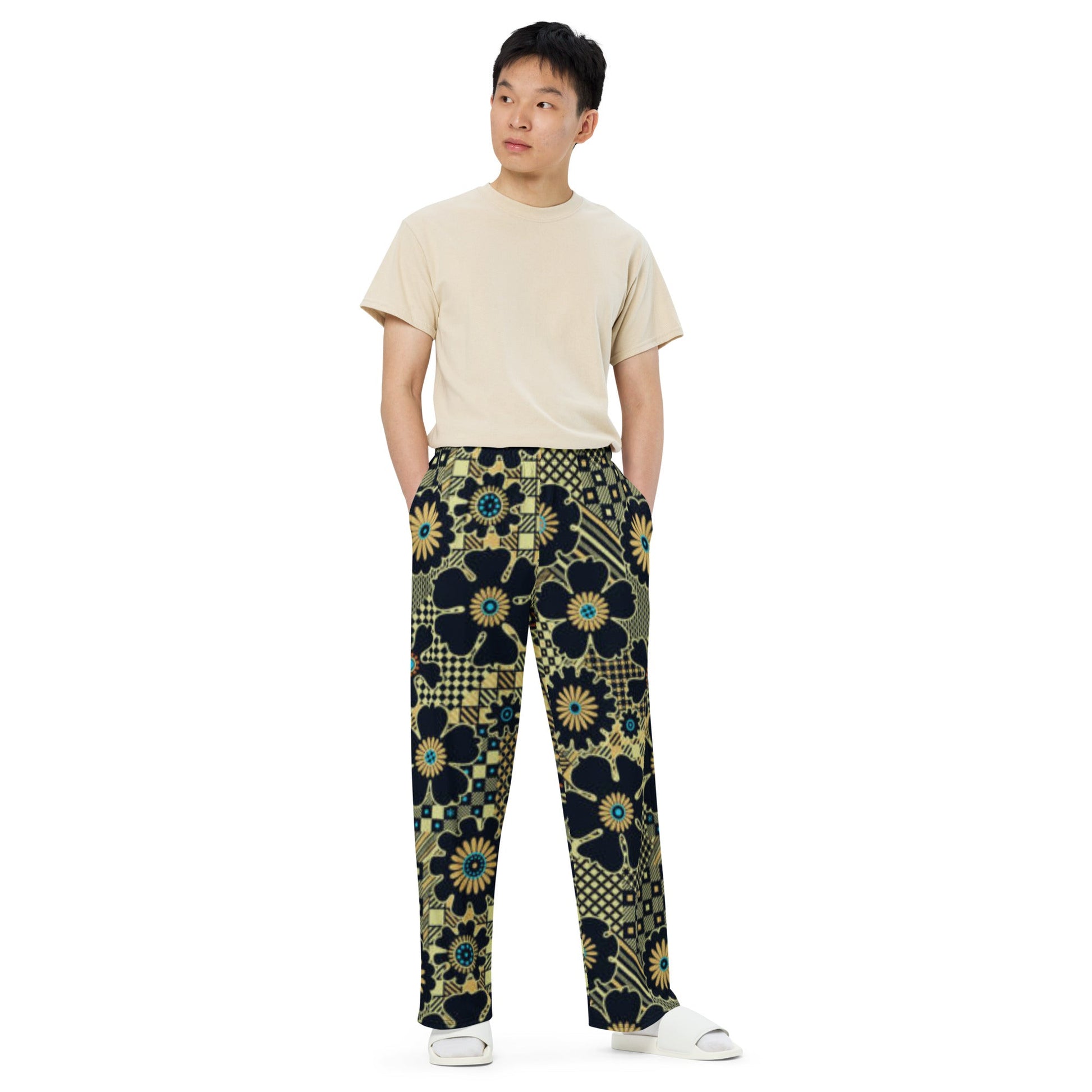 All - over print unisex wide - leg pants, Loose Fit Back Elastic Waist Trousers for Work Casual Black gold color black floral Palazzo - PratSN