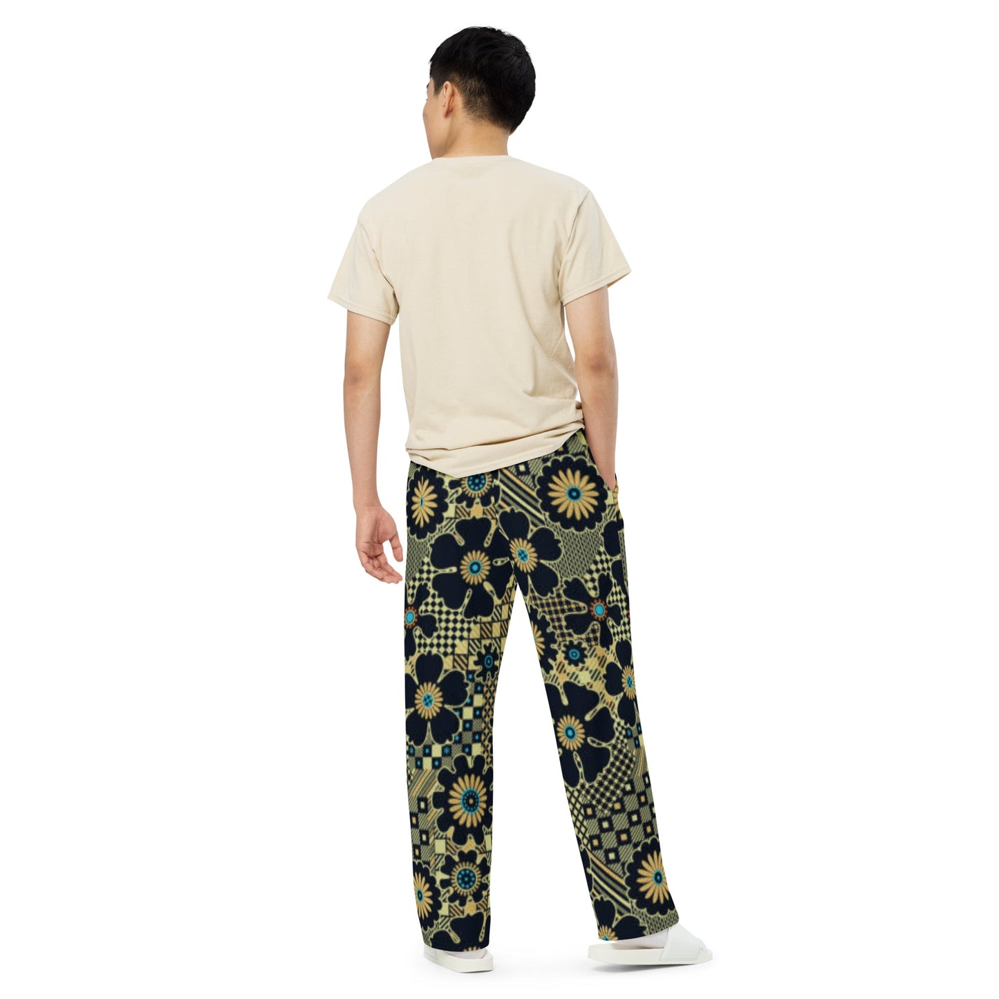 All - over print unisex wide - leg pants, Loose Fit Back Elastic Waist Trousers for Work Casual Black gold color black floral Palazzo - PratSN