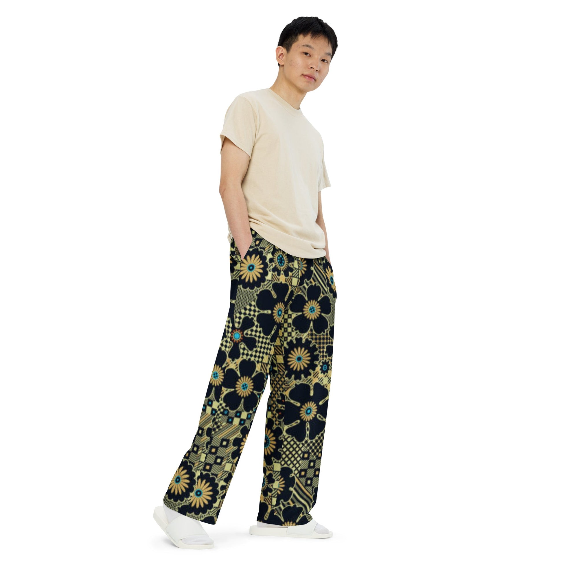 All - over print unisex wide - leg pants, Loose Fit Back Elastic Waist Trousers for Work Casual Black gold color black floral Palazzo - PratSN