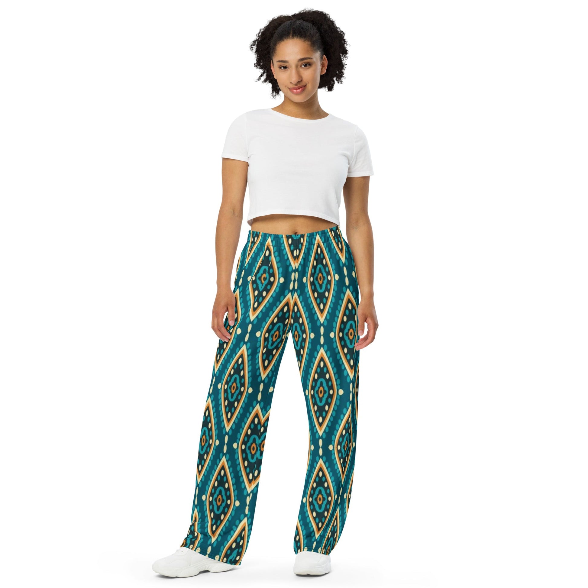 All - over print unisex wide - leg pants, Women's Geometric pattern wide leg pants Women's wide - leg pant, Comfortable - PratSN
