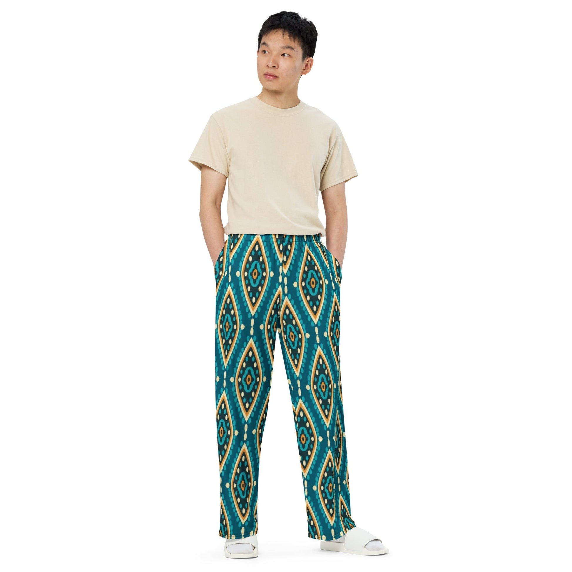 All - over print unisex wide - leg pants, Women's Geometric pattern wide leg pants Women's wide - leg pant, Comfortable - PratSN