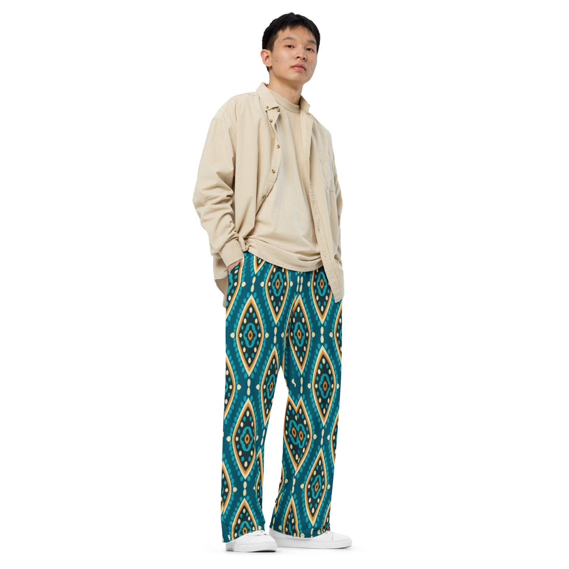 All - over print unisex wide - leg pants, Women's Geometric pattern wide leg pants Women's wide - leg pant, Comfortable - PratSN