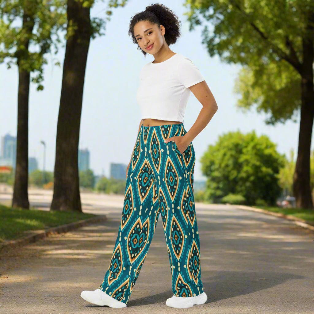 All - over print unisex wide - leg pants, Women's Geometric pattern wide leg pants Women's wide - leg pant, Comfortable - PratSN