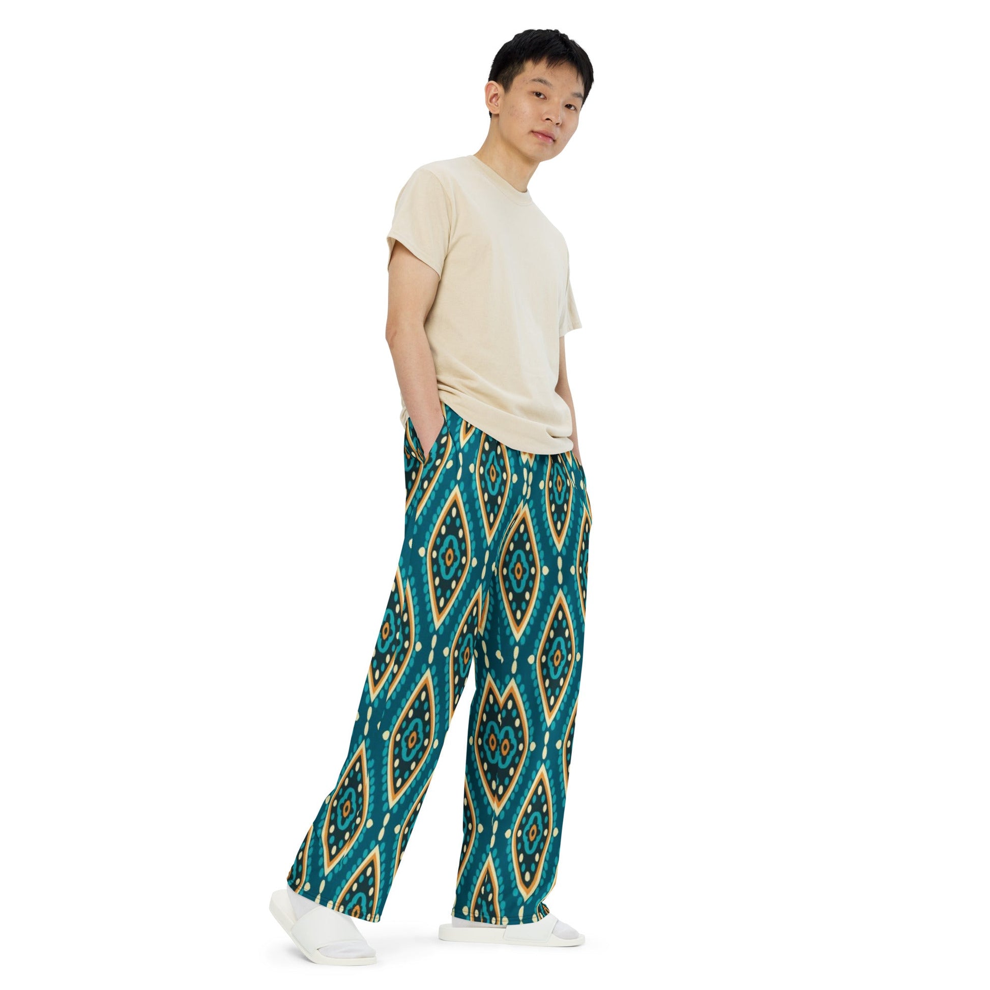 All - over print unisex wide - leg pants, Women's Geometric pattern wide leg pants Women's wide - leg pant, Comfortable - PratSN