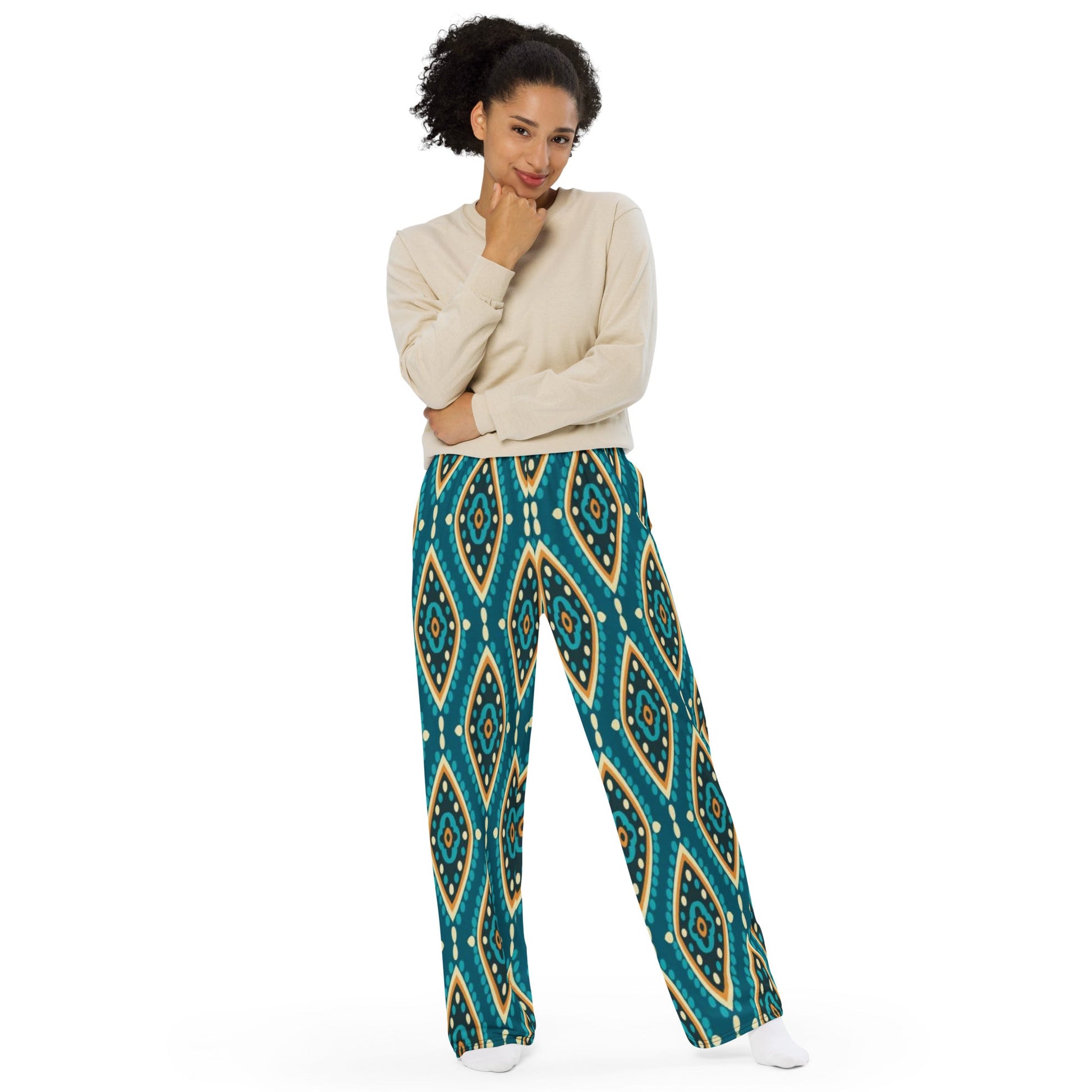 All - over print unisex wide - leg pants, Women's Geometric pattern wide leg pants Women's wide - leg pant, Comfortable - PratSN