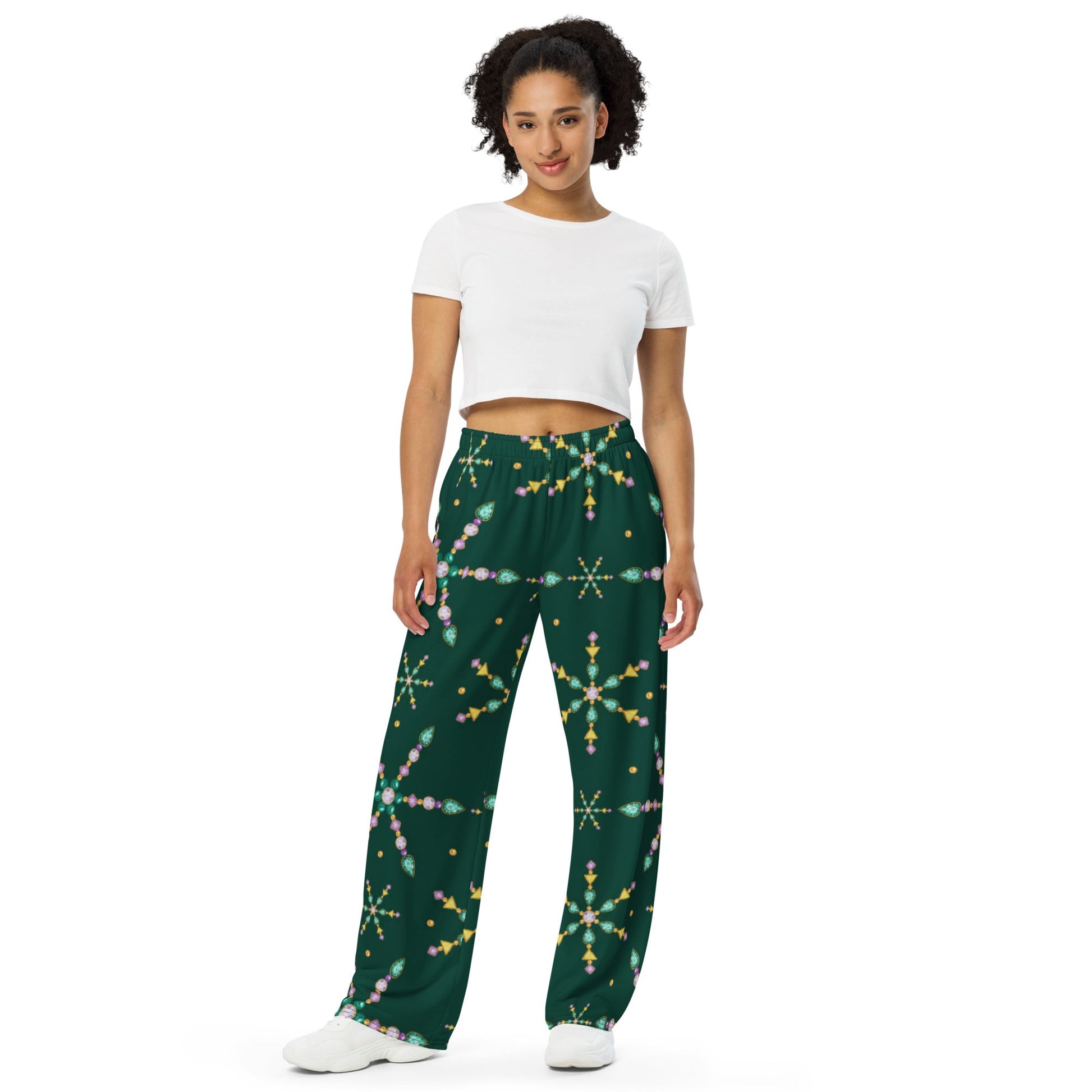 All - over print unisex wide - leg pants, Women's Green wide leg pants, Comfortable wide - leg pants - PratSN