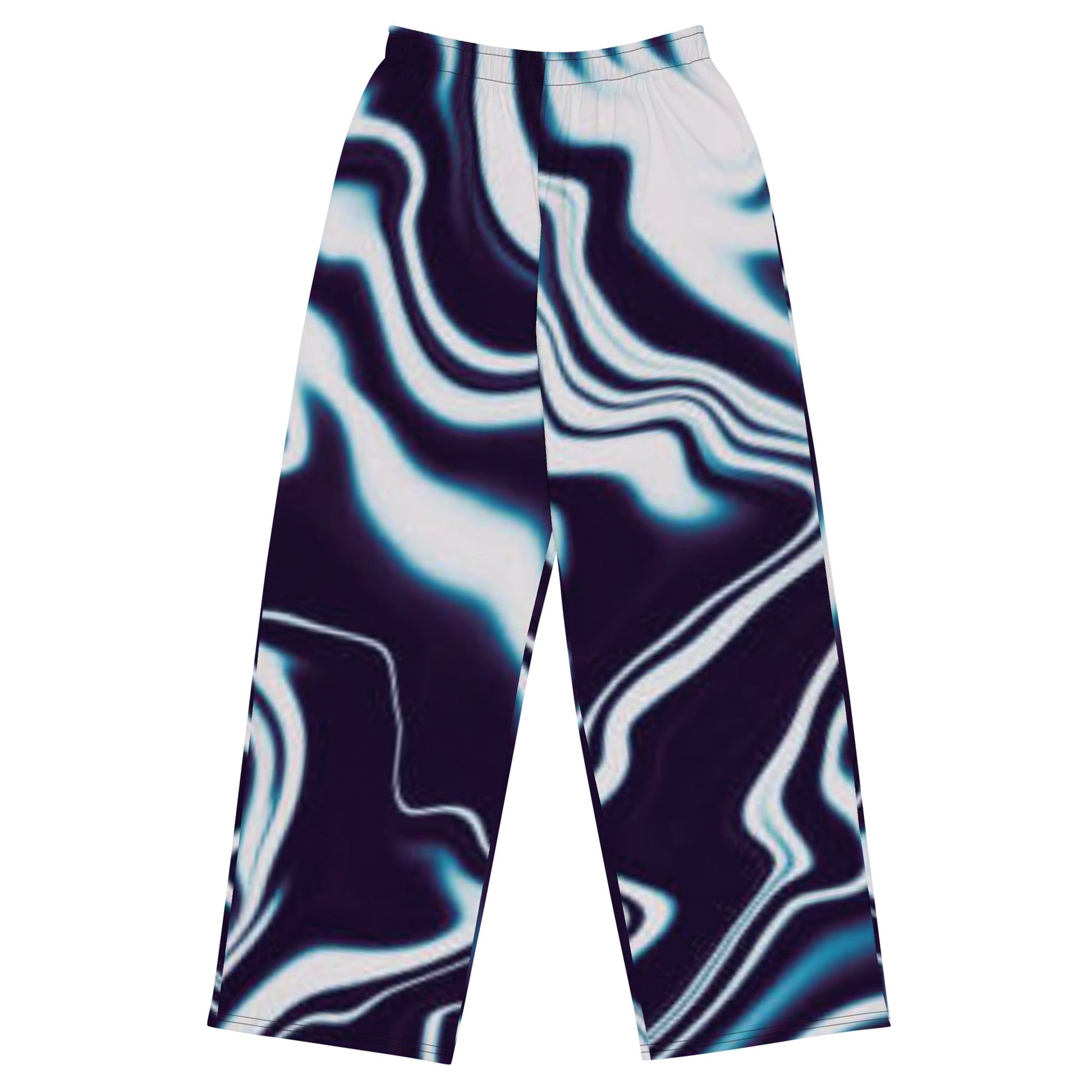 All - over print unisex wide - leg pants, Women's Liquid pattern Loose Fit Back Elastic Waist Trousers for Work Casual Blockade leg pants Navy blue and white, - PratSN