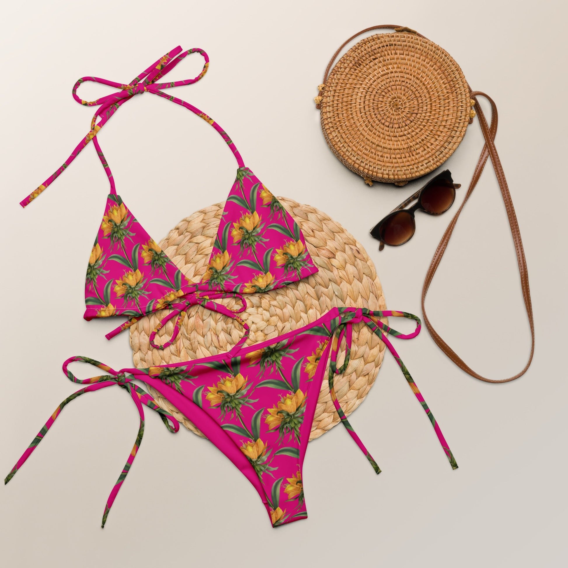 All - over print Women's string bikini,ear, White Pink Floral Bikini, Cute Summer Bikini - PratSN