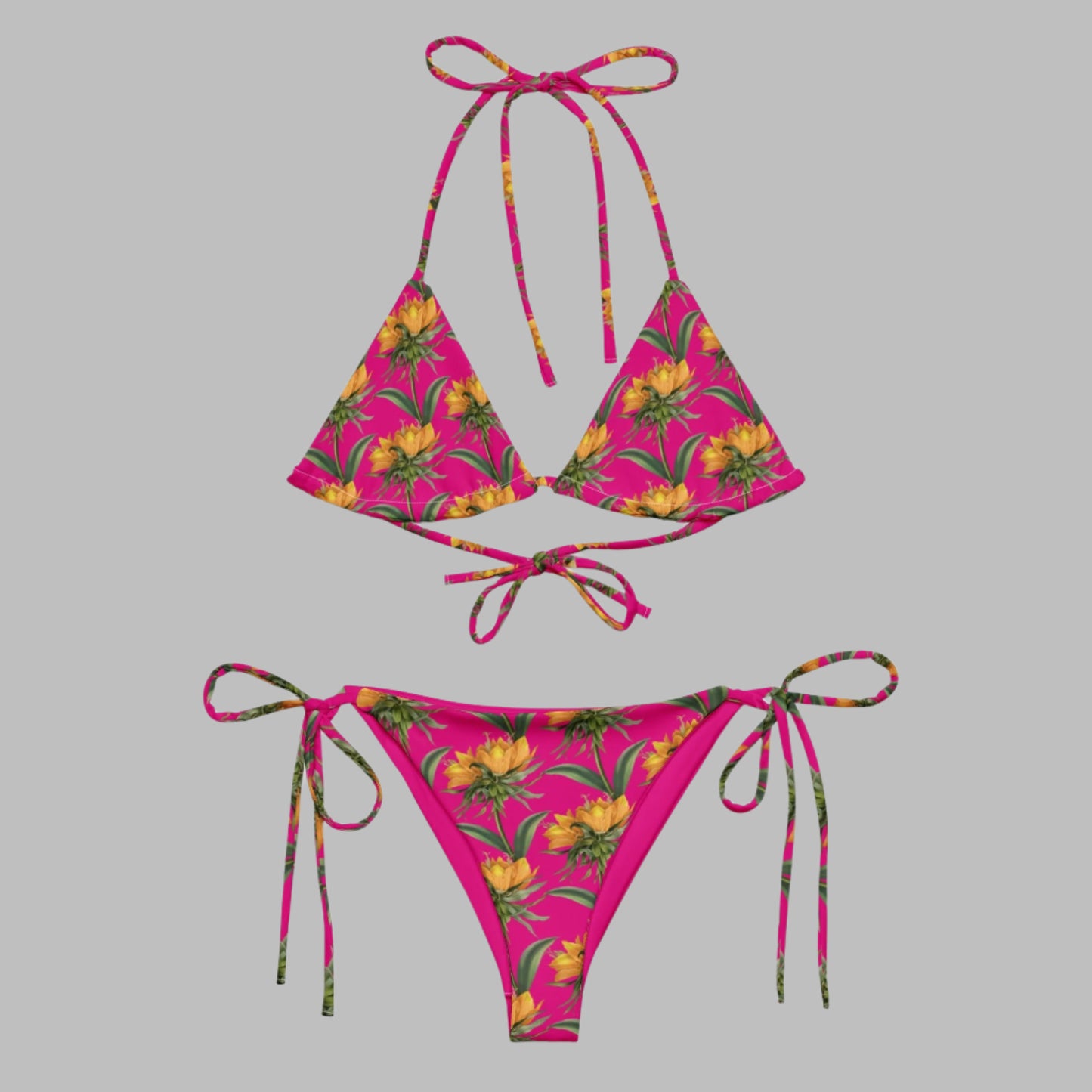 All - over print Women's string bikini,ear, White Pink Floral Bikini, Cute Summer Bikini - PratSN