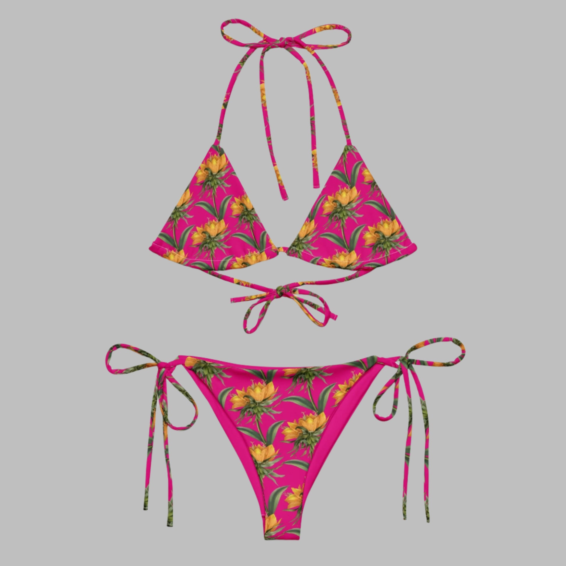 All - over print Women's string bikini,ear, White Pink Floral Bikini, Cute Summer Bikini - PratSN