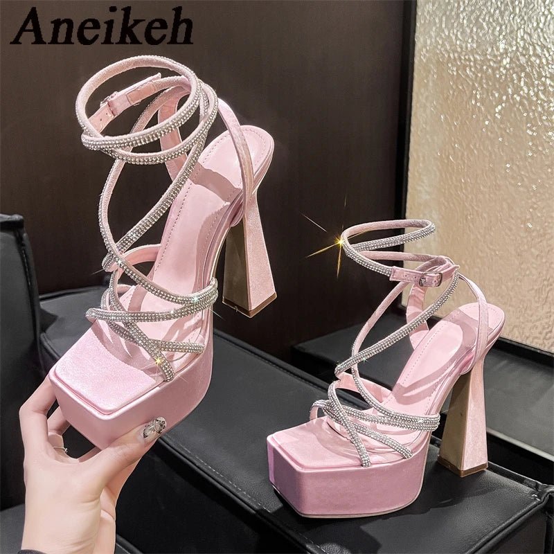 Aneikeh Water Diamond Hollow Open Toe Fashion Sexy Super High Heel Sandals Night Club Steel Pipe Dance Shoes Gladiator Sandals - PratSN