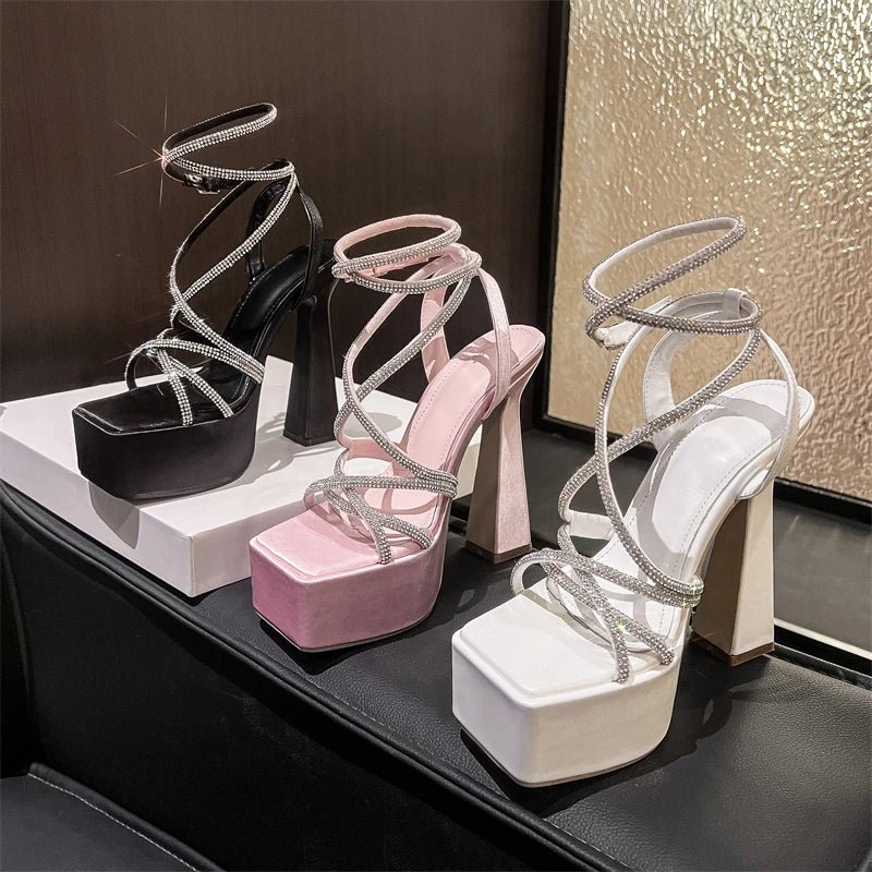 Aneikeh Water Diamond Hollow Open Toe Fashion Sexy Super High Heel Sandals Night Club Steel Pipe Dance Shoes Gladiator Sandals - PratSN