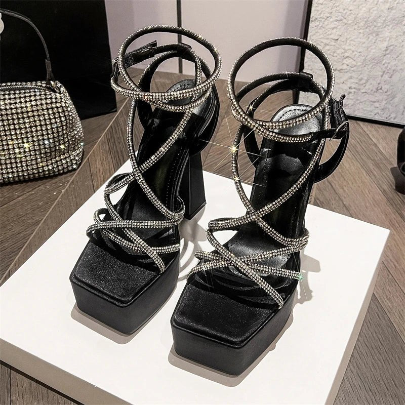 Aneikeh Water Diamond Hollow Open Toe Fashion Sexy Super High Heel Sandals Night Club Steel Pipe Dance Shoes Gladiator Sandals - PratSN